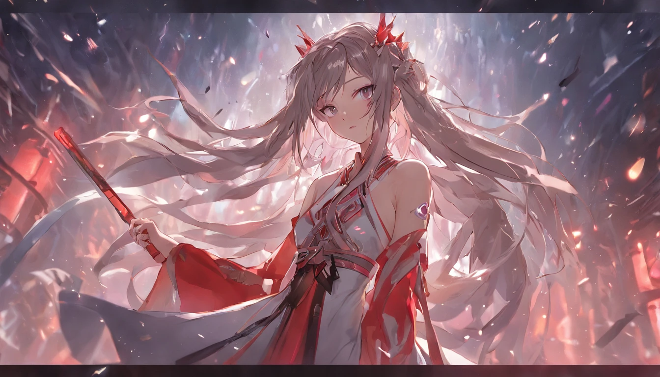 Best quality，tmasterpiece，A high resolution，CG， 1girll，Chinese actress Xiao Wan，arma，The sword，long whitr hair，shift dresses，Eau，（Temptation 1.5），独奏，jewely，white dresses，耳Nipple Ring，hair adornments，spatter，The upper part of the body，hair-bun，brunette color hair， illuminating，Frankness，photore，A high resolution，8K，Bokeh，（Depth of field 0.5），high detal