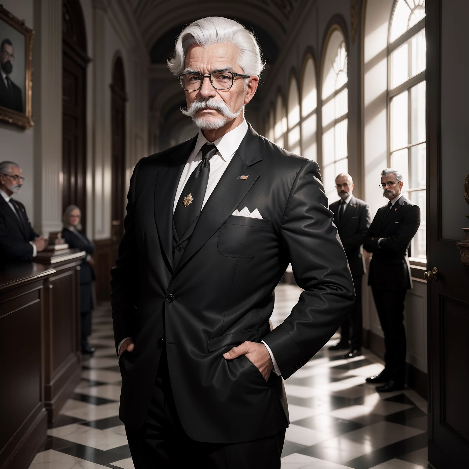 Fotografia de 1946 em preto e branco de um presidente intelectual de 42 anos com barbicha,bigode e cabelo bem cortado loros,wearing glasses posing standing for the official portrait in the neoclassical office of the presidential palace with a confidence pose.