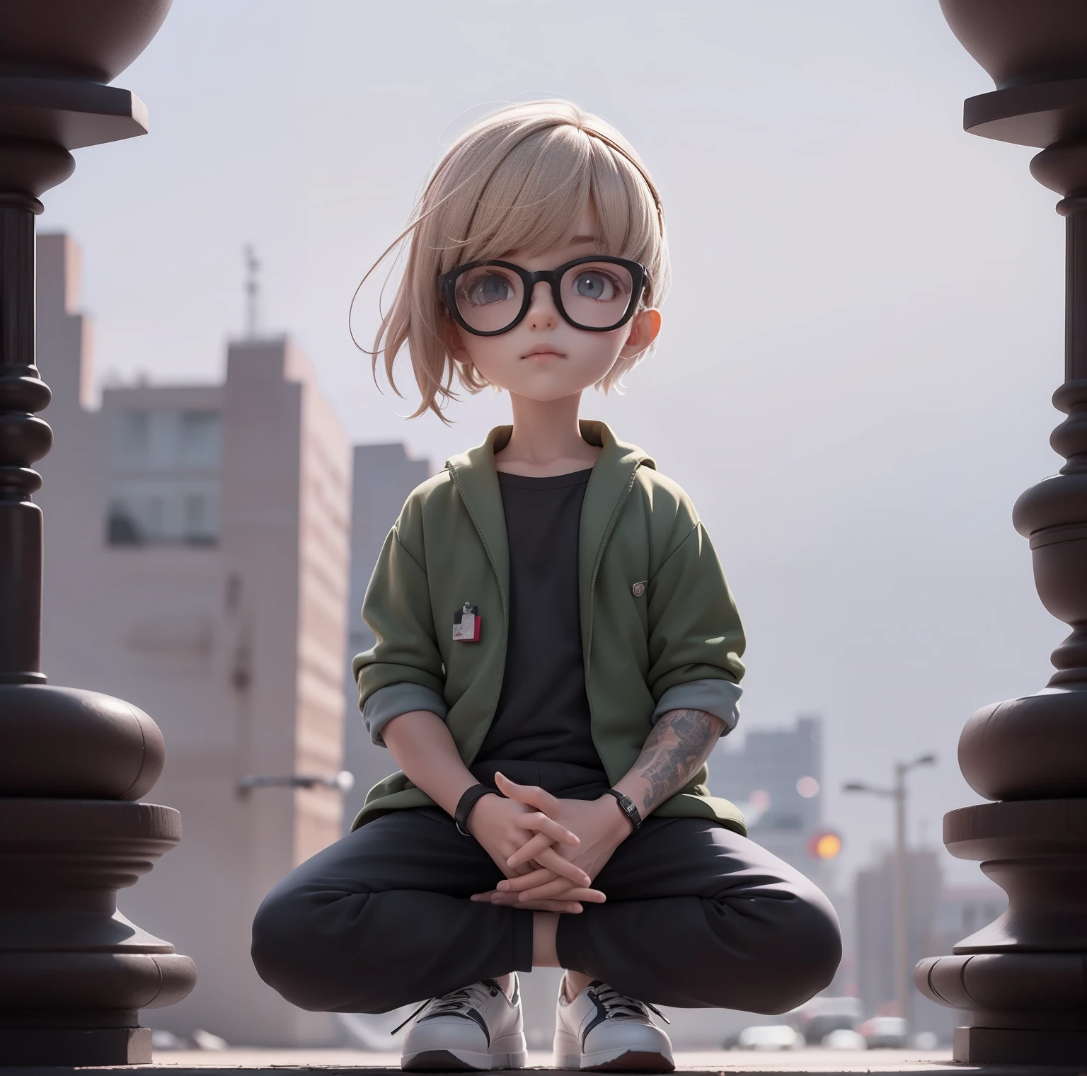 Cartoony，schoolboy，black-frame glasses，eyes with brightness，sat on the ground，Remove shoes