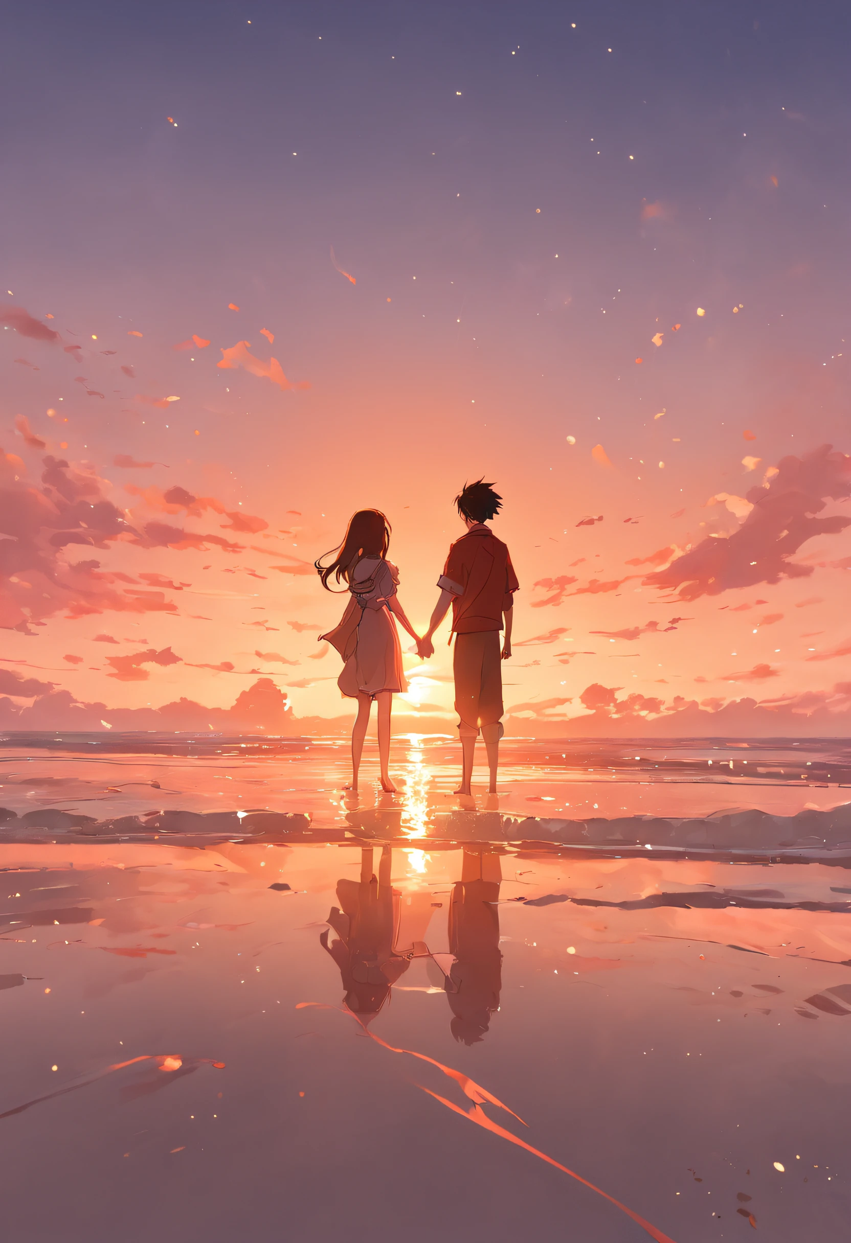 ((Couple watching sunset on quiet sands on shallow seaside beach、Snuggling、Couple holding hands and watching the sunset、Sunset seen from between the shadows of two people、Big sun setting on the horizon、The sunset turns the entire sky bright red、The area is Xu々It's getting dark、Two people side by side to shoot the sunset from behind)):1.8、8K、Raw photo、Highly detailed background，Realistic，ultra-detailliert，super detailed skin，light glow，Film grain，Expro II，Lens Flare，Sharpen，cinematic shadow、Photorealsitic