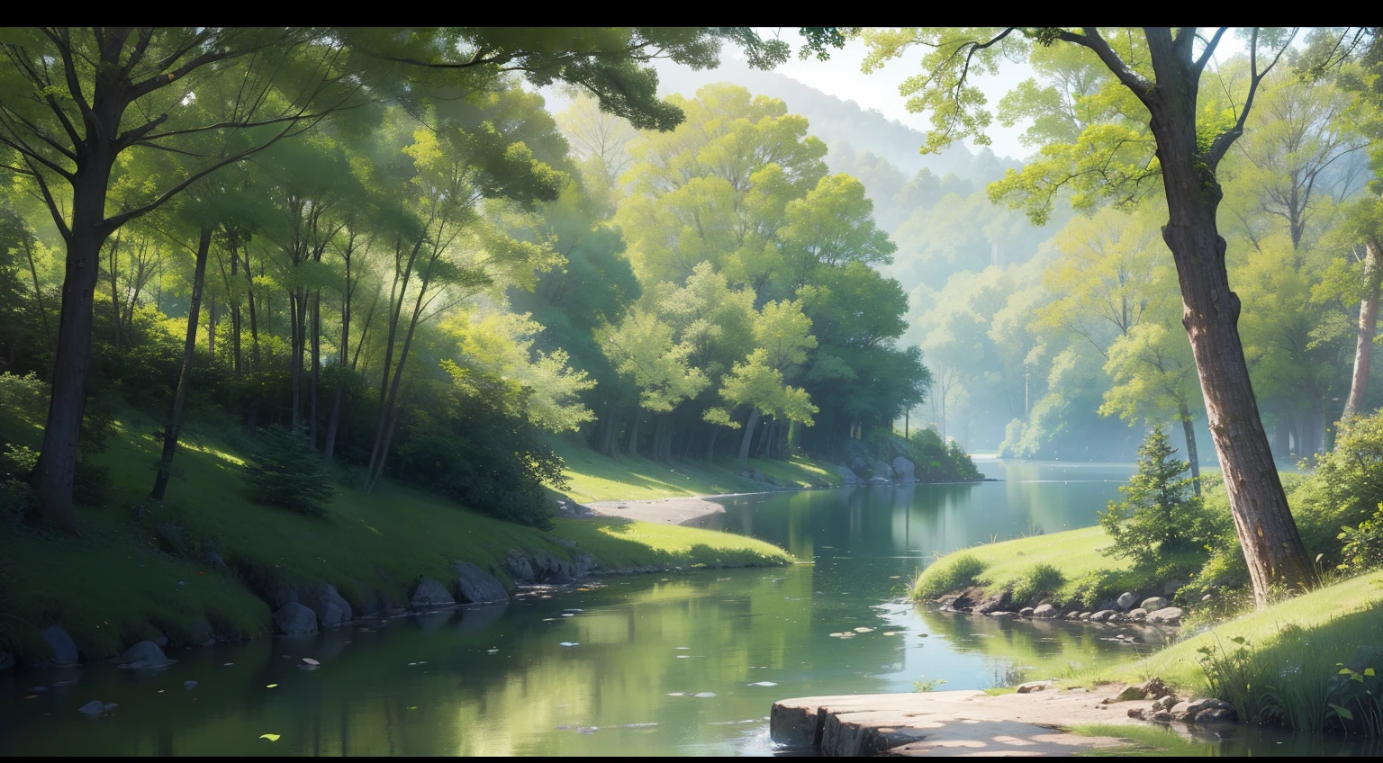 verdant green, the woods, lake, small stream, large tree branches、perspective、Perspective、Majestic panorama、HD Detail、Hyper-detailing、movie、Deep field focus bokeh、Ray traching、