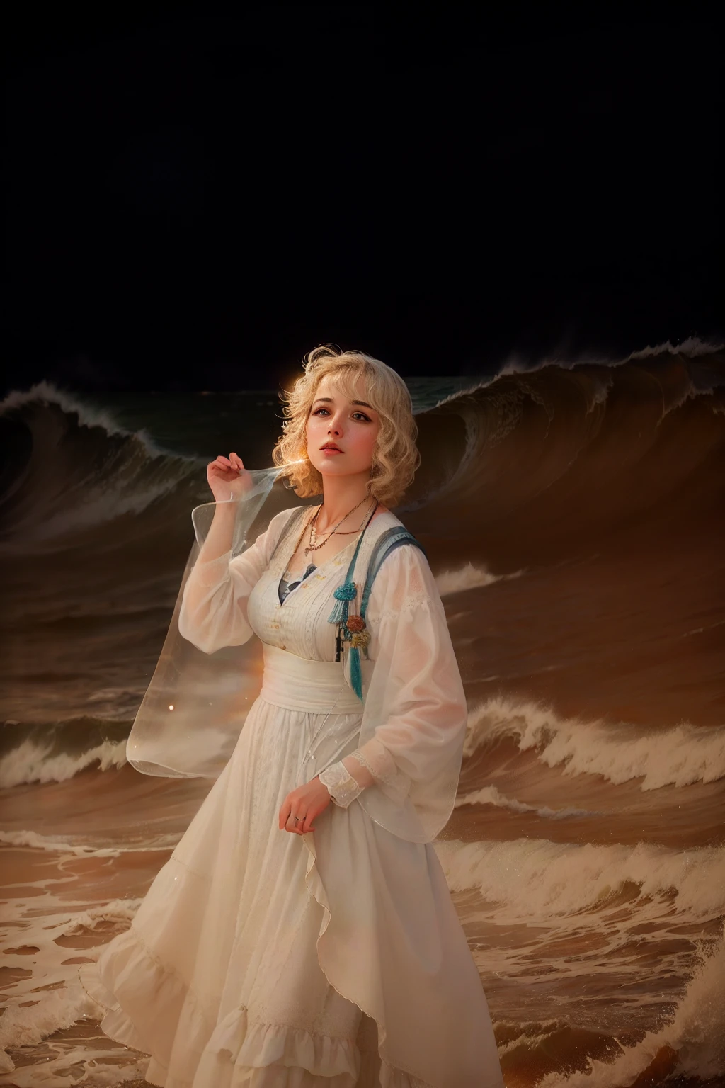 The waves are raging,Realistic characters,dangling,ink,astounding,cinmatic lighting,lens_flare