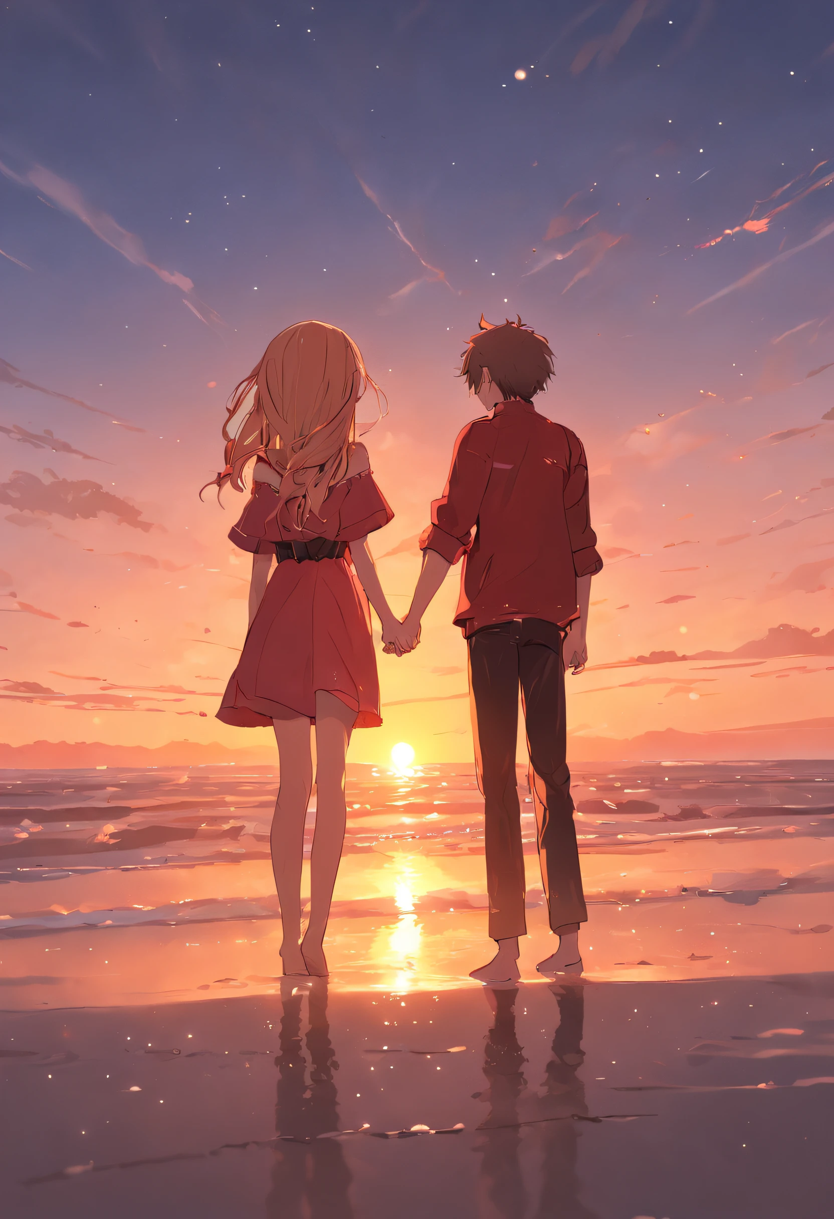 ((Couple watching sunset on quiet sands on shallow seaside beach、Snuggling、Couple holding hands and watching the sunset、Sunset seen from between the shadows of two people、Big sun setting on the horizon、The sunset turns the entire sky bright red、The area is Xu々It's getting dark、Two people side by side to shoot the sunset from behind)):1.8、8K、Raw photo、Highly detailed background,Realistic,ultra-detailliert,super detailed skin,light glow,Film grain,Expro II,Lens Flare,Sharpen,cinematic shadow、Photorealsitic