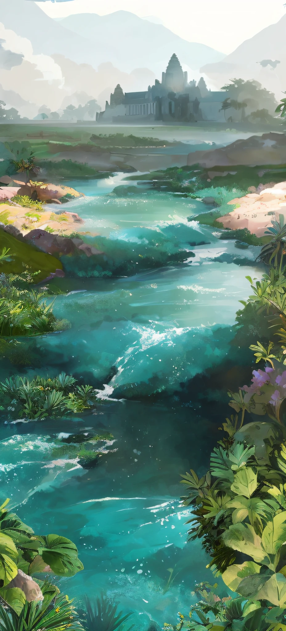 River painting of rainforest, . Angkor Wat ruins in the background: jungle river, Anime landscape concept art, environment concept art, Anime background art, ross tran. scenery background, vibrant water river, river with low hanging plants, environment design illustration, Relaxing concept art, Anime Nature, beautiful anime scenery, very detailed digital painting, environment concept art, drawn in anime painter studio