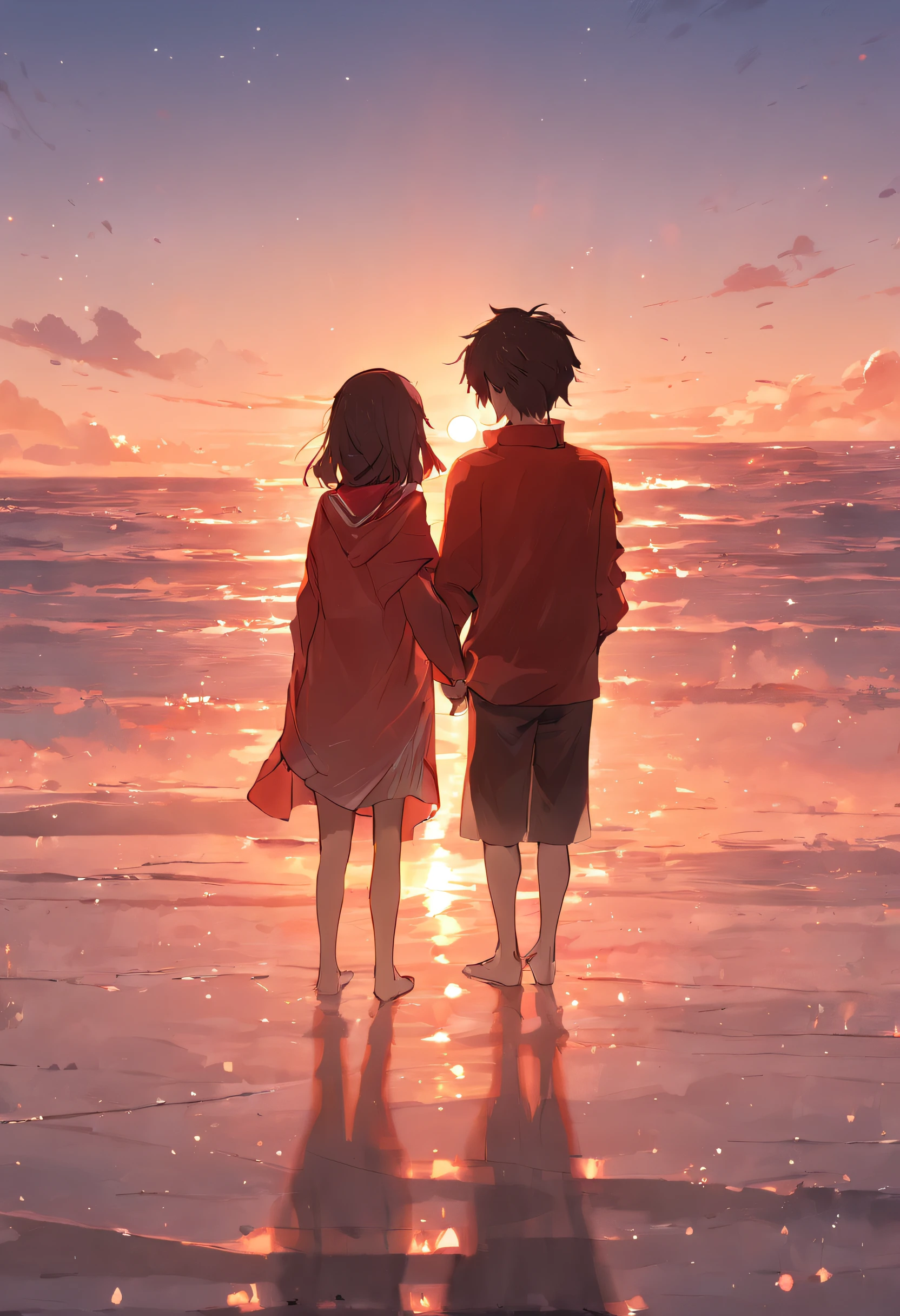 ((Couple watching sunset on quiet sands on shallow seaside beach、Snuggling、Couple holding hands and watching the sunset、Sunset seen from between the shadows of two people、Big sun setting on the horizon、The sunset turns the entire sky bright red、The area is Xu々It's getting dark、Two people side by side to shoot the sunset from behind)):1.8、8K、Raw photo、Highly detailed background,Realistic,ultra-detailliert,super detailed skin,light glow,Film grain,Expro II,Lens Flare,Sharpen,cinematic shadow、Photorealsitic