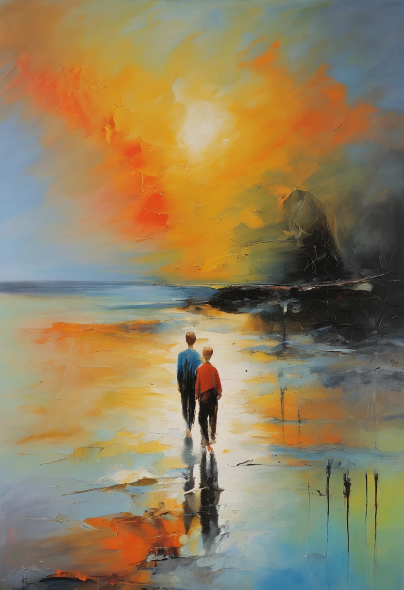 On the vast sea, Surfing boy,Couple walking on the beach,Blue sky, A bright moon hangs in the air surreal, number art, Photorealistic,Best quality, Works of masters