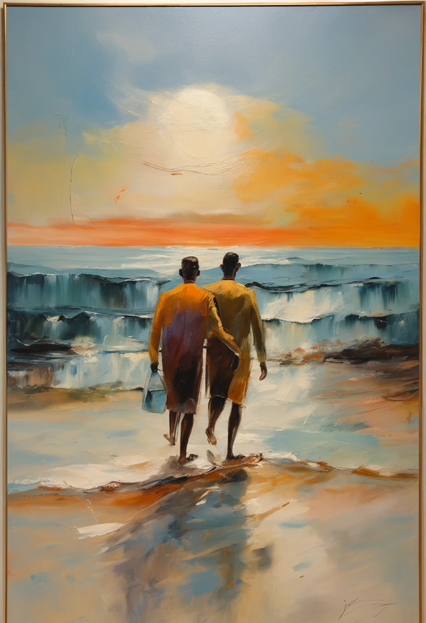 On the vast sea, Surfing boy,Couple walking on the beach,Blue sky, A bright moon hangs in the air surreal, number art, Photorealistic,Best quality, Works of masters