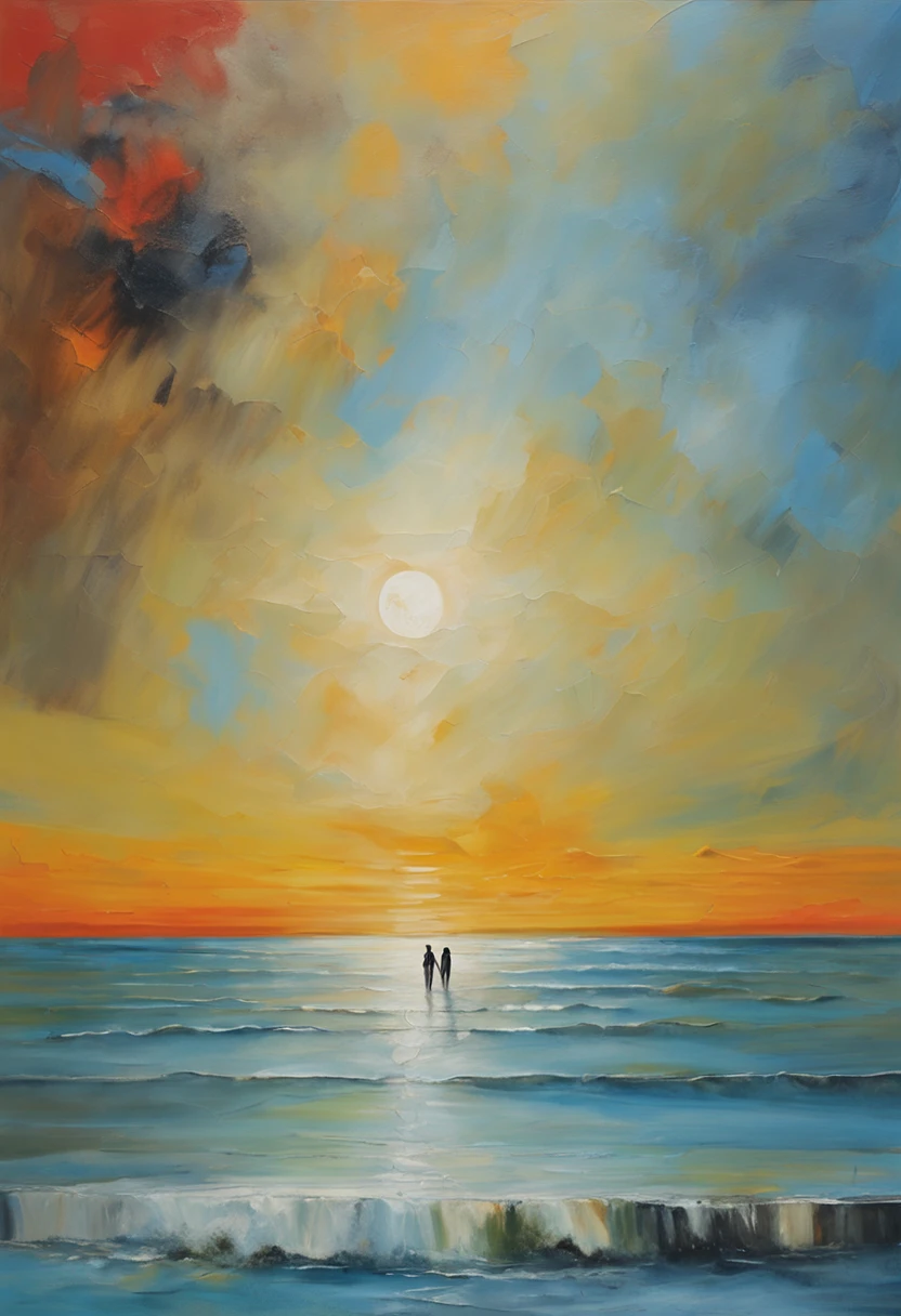 On the vast sea, Surfing boy,Couple walking on the beach,Blue sky, A bright moon hangs in the air surreal, number art, Photorealistic,Best quality, Works of masters