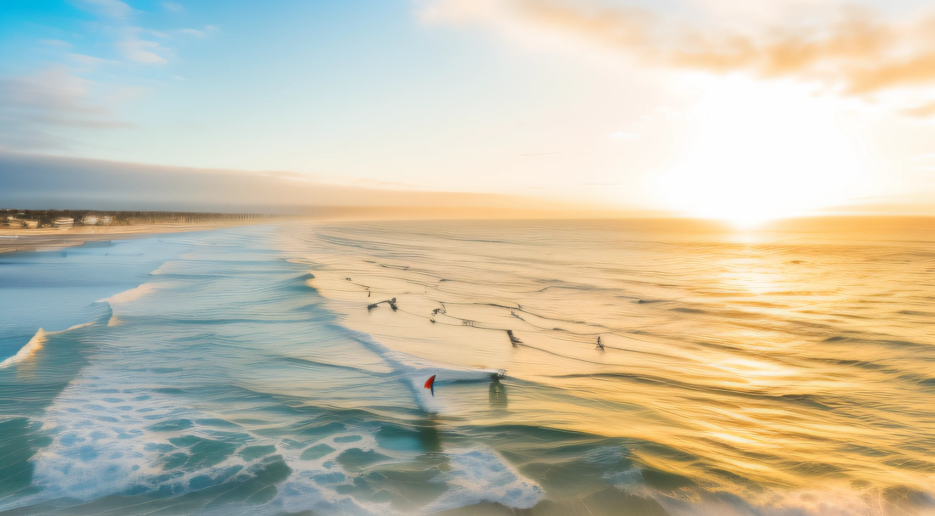 Surfers in the ocean at sunset on a sunny day, a photo of the ocean, Surf photography, long beach background, oceanside, morning golden hour, Full width, crisp clean shapes, Primetime in Pismo, California, amazingly composed image, Morning glow, southern california, Santa Monica Beach, drone photography, los angelos, Swim in the ocean
