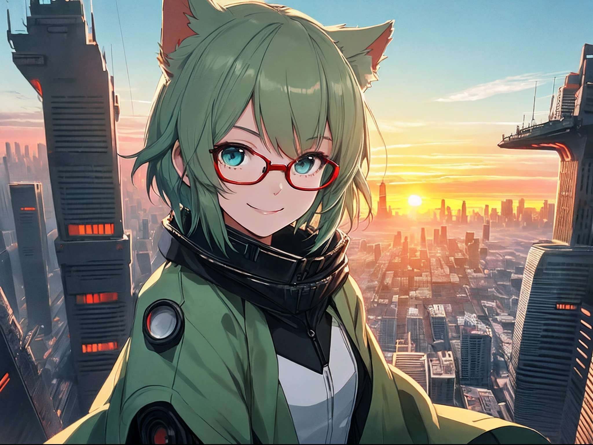 1 cute girl, small stature, small breasts, tiny, kawaii, small ass, sfw, sound, dressed, short ruffled dress, thin bolero, pale green hair, short hair, deep blue eyes, round eyes, smile, happy, forehead, cat girl, cat ears, camera gaze, slouching, (futuristic city, magic hour, sunset:1.3), red-rimmed glasses, (highly detailed CG, ultra detail background, Best quality, masterpiece, realistic, photorealistic, ultra-detailed),