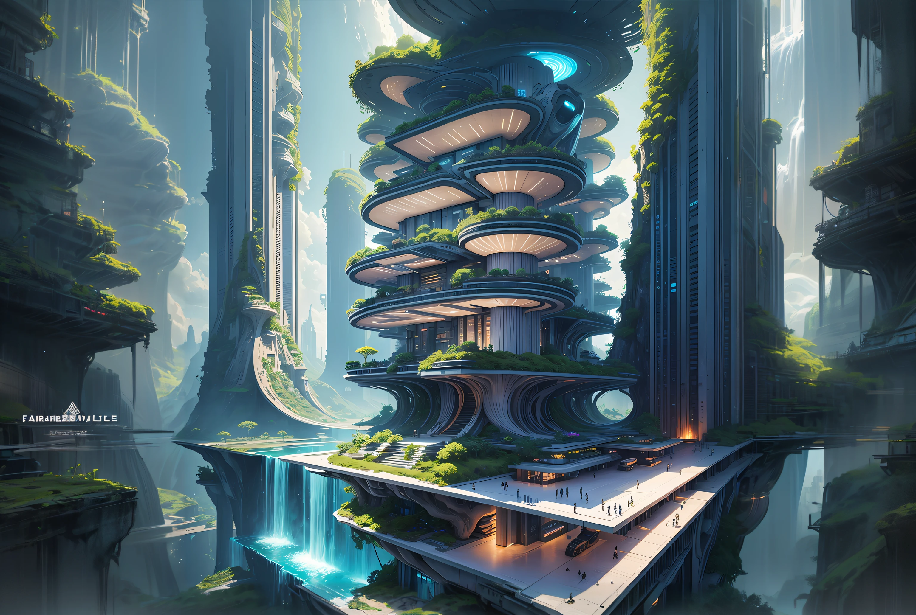 futuristic city with a waterfall and a waterfall in the middle, detailed futuristic architecture, fantasy architecture, in fantasy sci - fi city, futuristic concept art, futuristic architectural art, futuristic landscape, futuristic palace, futuristic architecture concept, surreal sci fi architecture, 8 k high detail concept art, huge futuristic temple city, futuristic valley, concept art 8 k, concept art wallpaper 4k