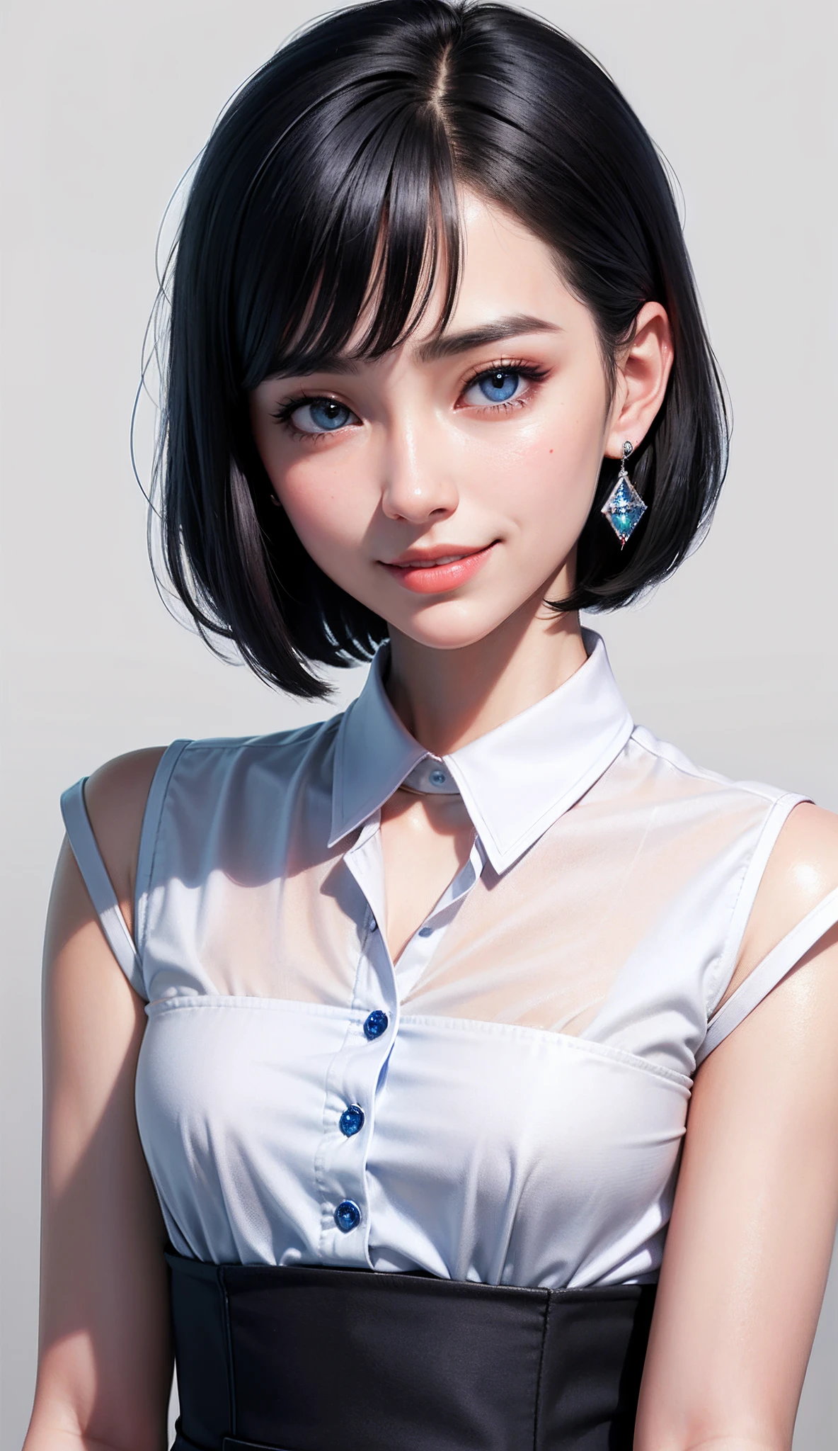 (high-level image quality、high-detail、hightquality、hight resolution、Draw everything in high resolution)、Intense crystal light blue eyes、Small diamond-shaped earrings、Look firmly at the camera、Put your ears out、Beautiful short black hair、Beautiful very short beautiful hair with bangs、beautiful decollete、Beautiful 28 years old、lipgloss、long neck、Happy smile、Beautiful teeth alignment、Beautie、Pretty Woman、Very white business shirt with open collar