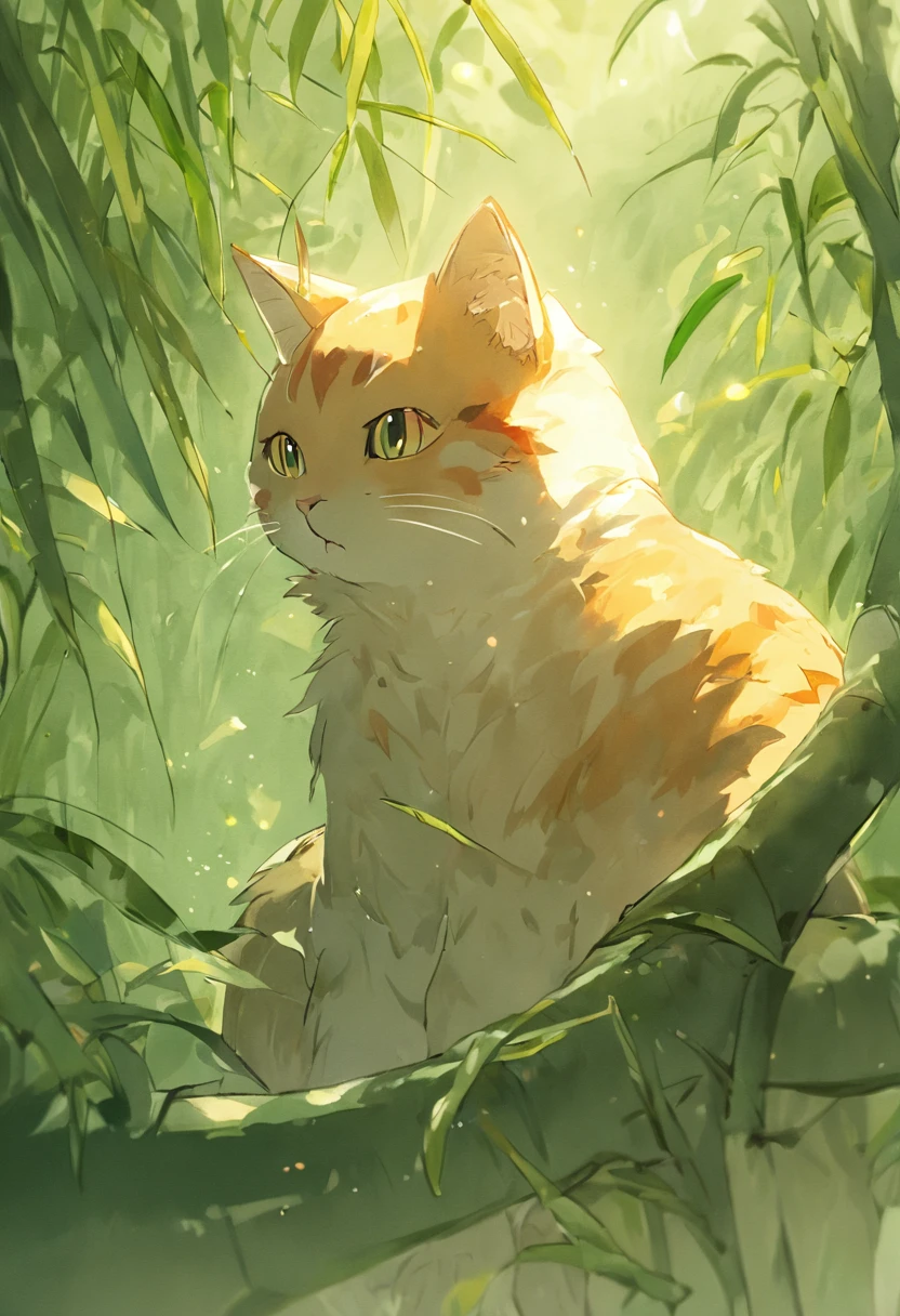 Um gato peludo bonito brincando com abelhas em uma clareira de bambu ensolarada, Warm light filters through the leaves. textura detalhada do cabelo, Clima natural calmo, soft-lighting. Estilo aquarela tradicional. --AR 4:5 --s 400 --niji 5