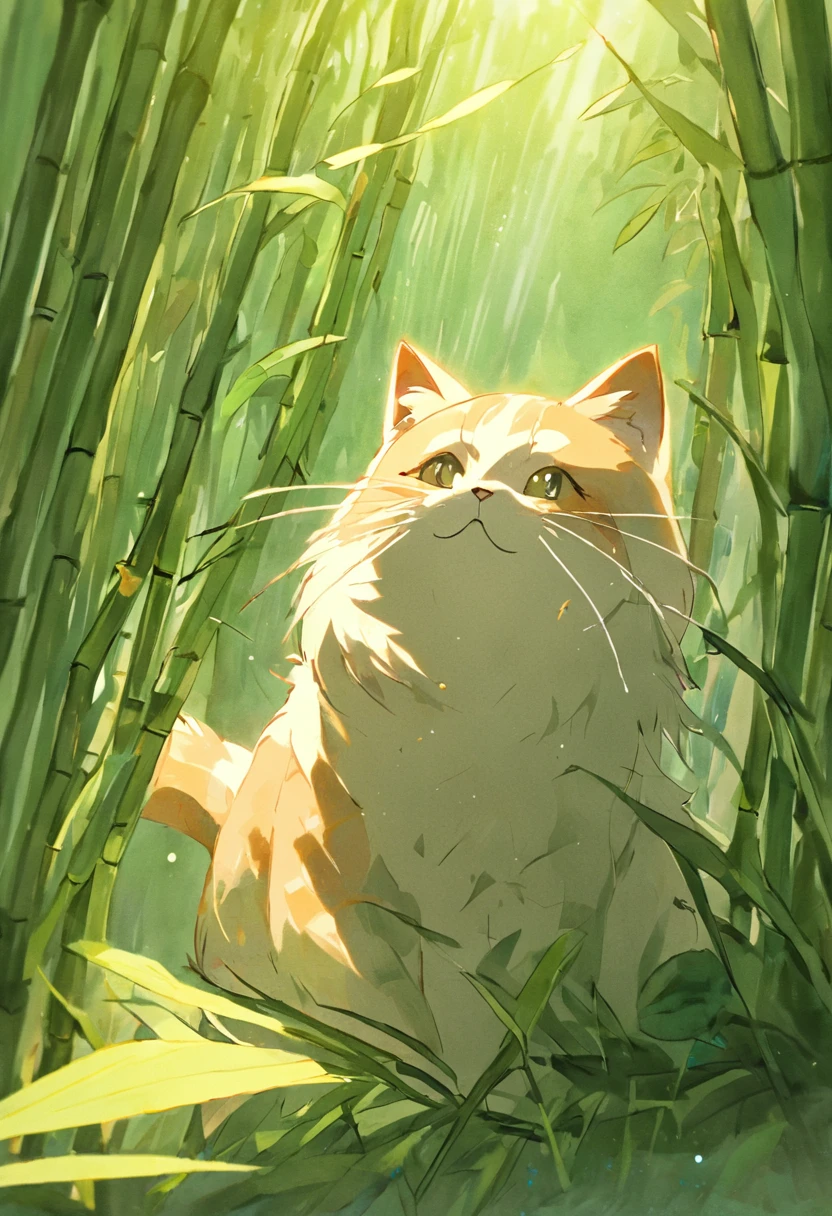 Um gato peludo bonito brincando com abelhas em uma clareira de bambu ensolarada, Warm light filters through the leaves. textura detalhada do cabelo, Clima natural calmo, soft-lighting. Estilo aquarela tradicional. --AR 4:5 --s 400 --niji 5