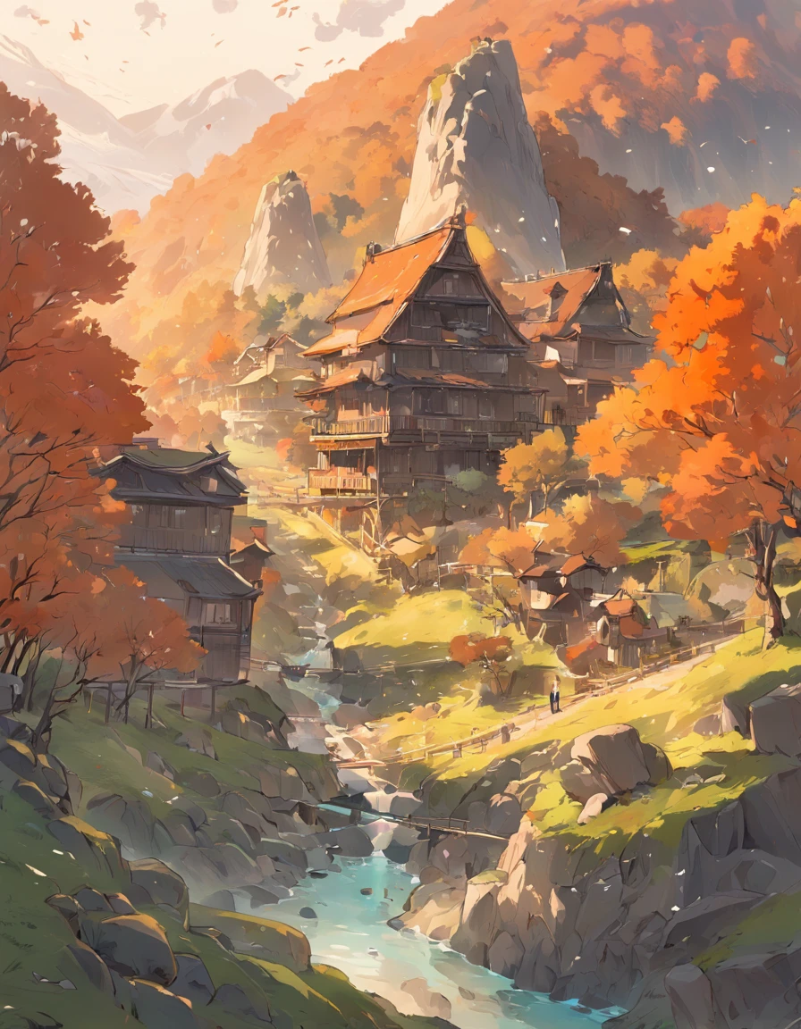 Bizarre steep peaks,autumnal,There is a creek at the bottom of the mountain,There are reflections in the stream,Village cottage,And cooking smoke rises,The pine tree has a peculiar shape,Sway with the wind,Color palette style,iso-distance view,Surreal Photo,dream magical,pixel-perfect,hyper HD,in a panoramic view,8K分辨率,ultra-wide-angle,Faraway view,Performance Art
