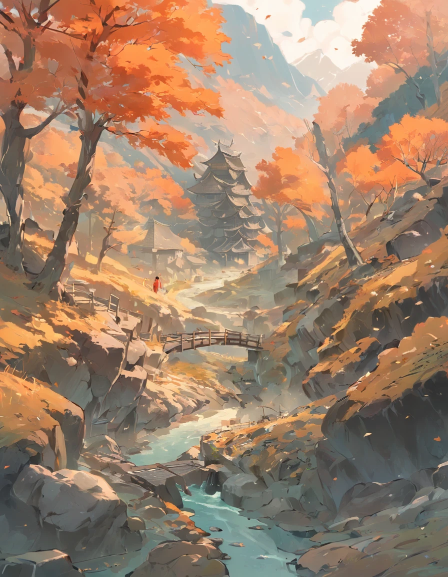 Bizarre steep peaks，autumnal，There is a creek at the bottom of the mountain，There are reflections in the stream,Village cottage,And cooking smoke rises，The pine tree has a peculiar shape，Sway with the wind,Color palette style，iso-distance view,Surreal Photo,dream magical,pixel-perfect,hyper HD,in a panoramic view,8K分辨率,ultra-wide-angle,Faraway view,Performance Art