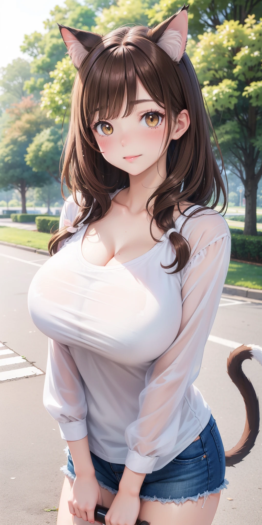 big breasts ((cat girl)) ((brown hair)) no ears, (masterpiece), (best quality), (ultra detailed) extremely sexy body, blush, casual clothes, (masterpiece), (best quality) ), (ultra detailed), happy, blush, looking at viewer, in a park with trees, shy, sexy pose