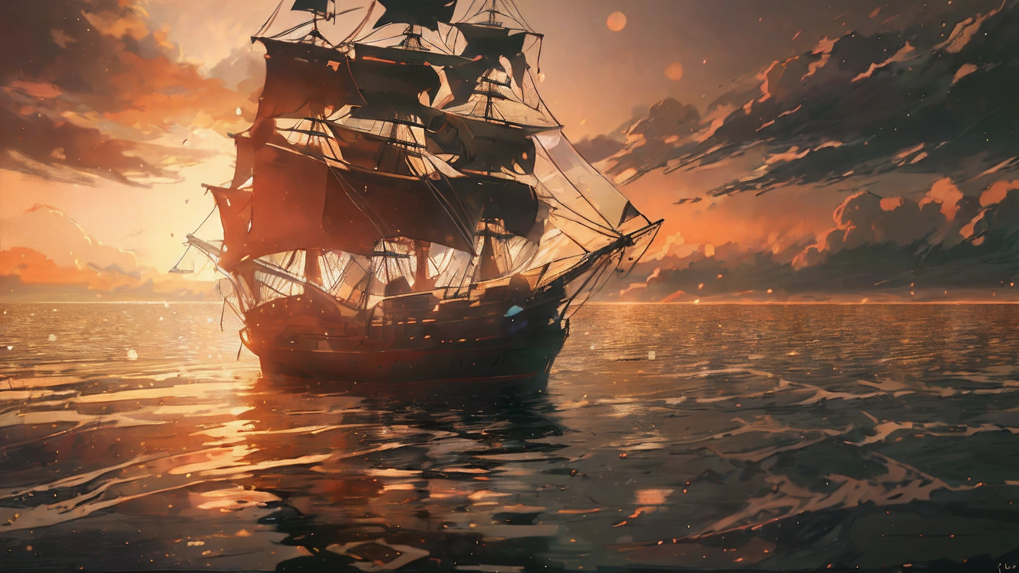 (extremely detailed CG unity 8k wallpaper, masterpiece, best quality, ultra-detailed),(best illumination, best shadow, an extremely delicate and beautiful), floating, high saturation, professional photoshoot, god rays, reflection, rule of third,
(1girl),((brown short hair):(brown hair:1.3)|(black hair:0.8)),orange bright eyes, wear ((plain black t-shirt)), from behind, silhouette, sea background, with pirate ship sailing away to the open sea, sunset, wide angle shot, (sad, dramatic)