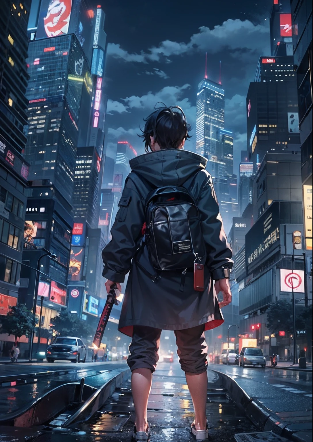 1boy, boy、Cyberpunk Boy、katana,FULL BODYSHOT、The beginning of the adventure、Very dark sky、Lots of clouds,heavy fog、starrysky、moon,Chaotic city of the future、dystopian、A group of very tall skyscrapers stands in the center、Very complex cityscape,Crowded Chinese skyscrapers、street signs、streetlights、taxis、buses、Train、Pretty dim movie lighting、Dark road、puddles、Chaotic、Beautiful and fantastic scenery、Cinematic scenery、hightquality、masutepiece,in 8K、hight resolution、