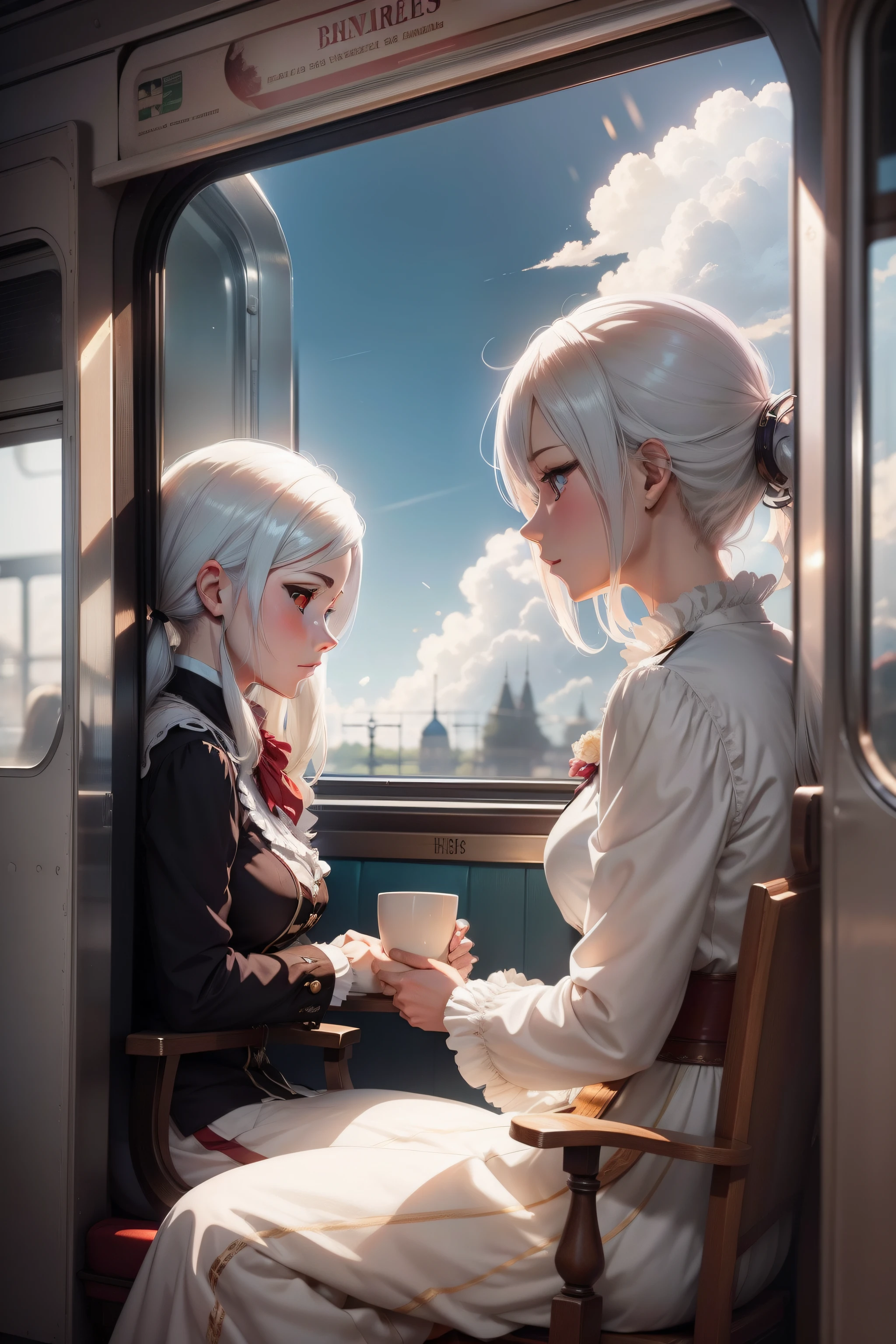 Ride a European train from the 1850s, Westerner wife, Age is 70 years old, white hair. She sits politely with her back straight. looking out the window. anime image. by makoto shinkai, anime art wallpaper 4k, anime art wallpaper 4k, Anime art wallpaper 8k, anime wallpaper 4k, anime wallpaper 4k, 4K Anime Wallpapers, Anime Sky, amazing wallpapers, anime backgrounds, Anime Background Art