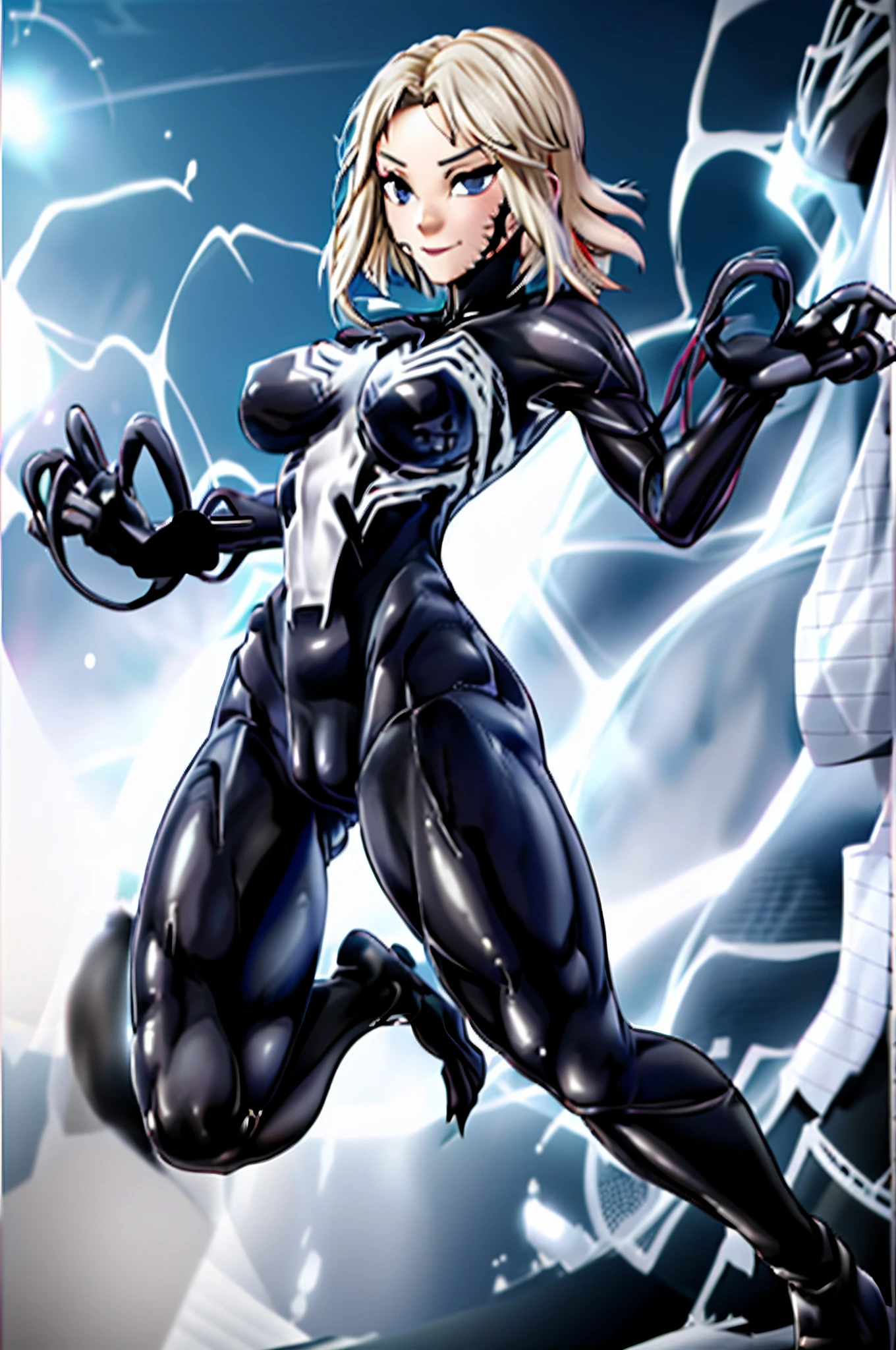 tmasterpiece,best qualityer,A high resolution,1人(femele),SH1,SpiderGwen,blond with short hair,mitts,full-body tights(black),There is only one mode(There is a white one on the chest&Large spider pattern),putting makeup on,standing on your feet,cow boy shot,(Tear clothes:1.2),(camel-toe, Vulvar shape:1.2),(Body parts, no extra limbs, precisely anatomy)