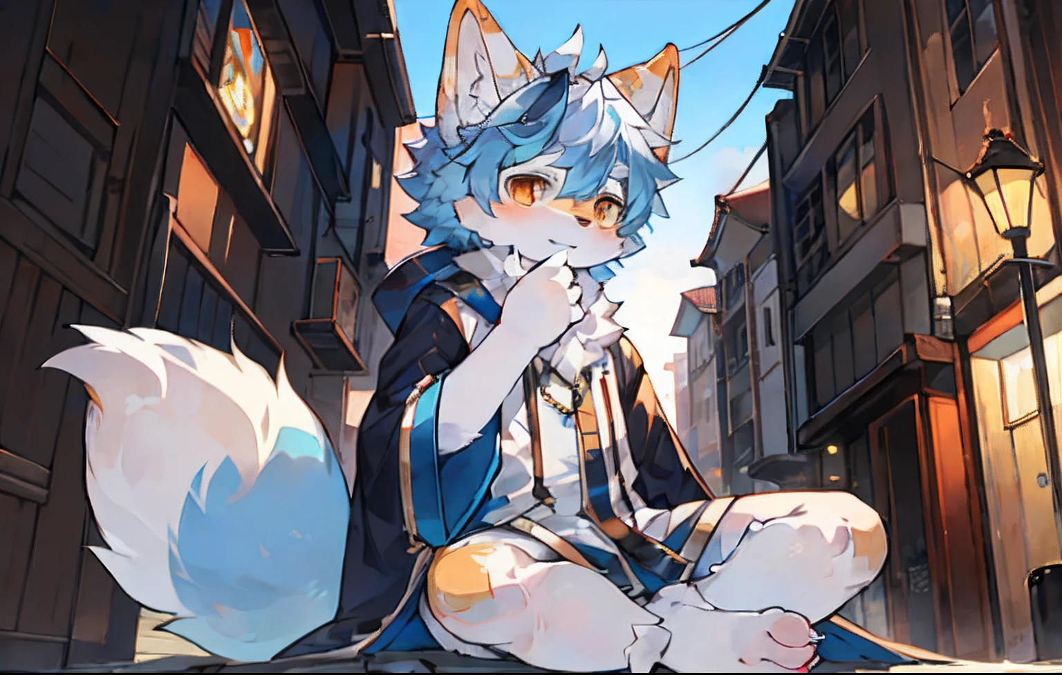 shaggy,furred,bodyfur,城市,the street,独奏,short- sleeved,BREAK BREAK BREAK,White hair,Young age,yellow cat eyes,solo person,adolable,Animal_nase,Animal_Ear_vellus hair,Fluffy_clawed paws,clawed paws,Animal_hand,Fluffy_Big_Tail,eyes with brightness, in a panoramic view, Character focus.(detailedbackground:0.7), 独奏, shaggy, shaggy male,Full Body Furry, Fluffy tail, White fur,Super detail,,white clothes,White fur