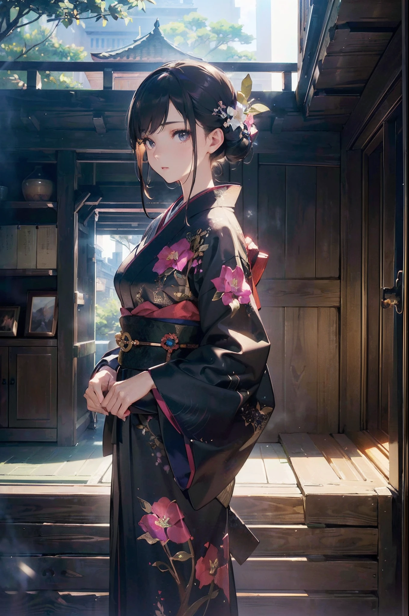 (Official art、Best Quality、Unity 8k Wallpapers、32K、masterpiece、ultra-detailliert、超A high resolution、realisitic、Photorealsitic:1.2)、(Cinematic lighting:1.2)、Fireglow effect、film grains、Best Shadows、Rim lighting、side lights、sideshot、(Ultra-detailed and complex 3D rendering)、Detailed beautiful face and eyes、A slender、Medium bust、(Full body:1.2)、 Highly detailed background、beauitful face、blurry backround、a beauty girl、(super detailed skin、detailed skin textures:1.3)、Beautiful black hair、long、Floral kimono、A lot of bellflower grows、20Old beauty、Mystical、