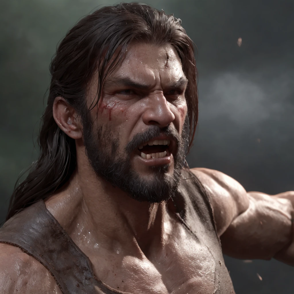 of a real，Facial features are carefully depicted，Realistic skin texture，中景 the scene is，Barbarian bearded uncle，（male people：1.4），(There is a scar on the face:1.5)，Thick limbs，（A half body：1.4），Short-cut hair of maroon color，Dark style，depth of fields，high light，Real light，Ray traching，oc rendered，Hyper-realistic，best qualtiy，8K，Works of masters，super-fine，Detailed pubic hair，Correct anatomy，sharp focus on eyes，Bokeh，Facial features are carefully depicted