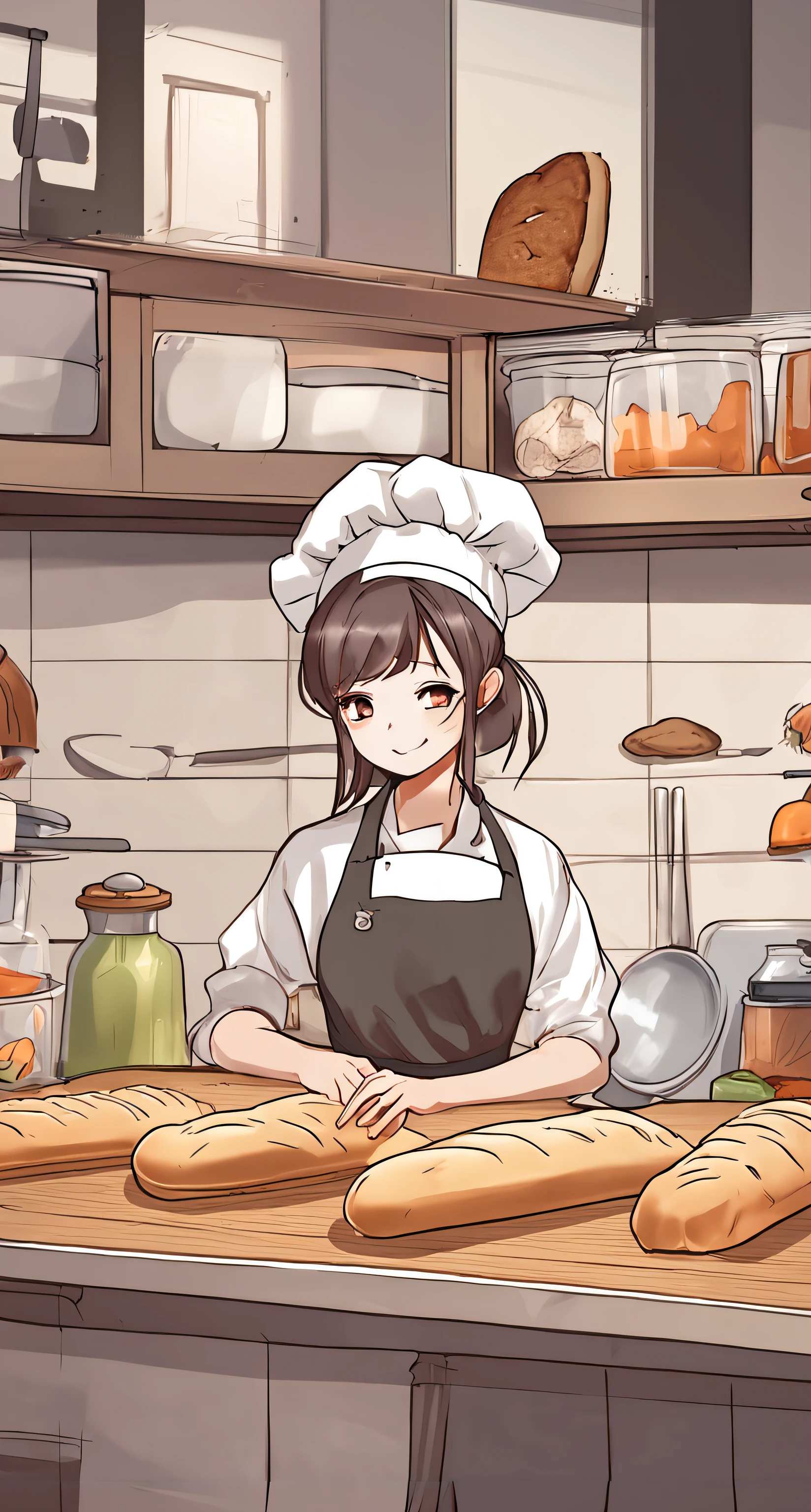 Anime girl in kitchen with bread and pans, baking artwork, Cooking, baking french baguette, baker shop, Marin Kitagawa fanart, fantasy bakery, In the kitchen, In a kitchen, Fresh bakery in the background, Game art!!, offcial art, anime moe art style, best chef, baking a cake, restaurant!, sakimi chan, Happy chef