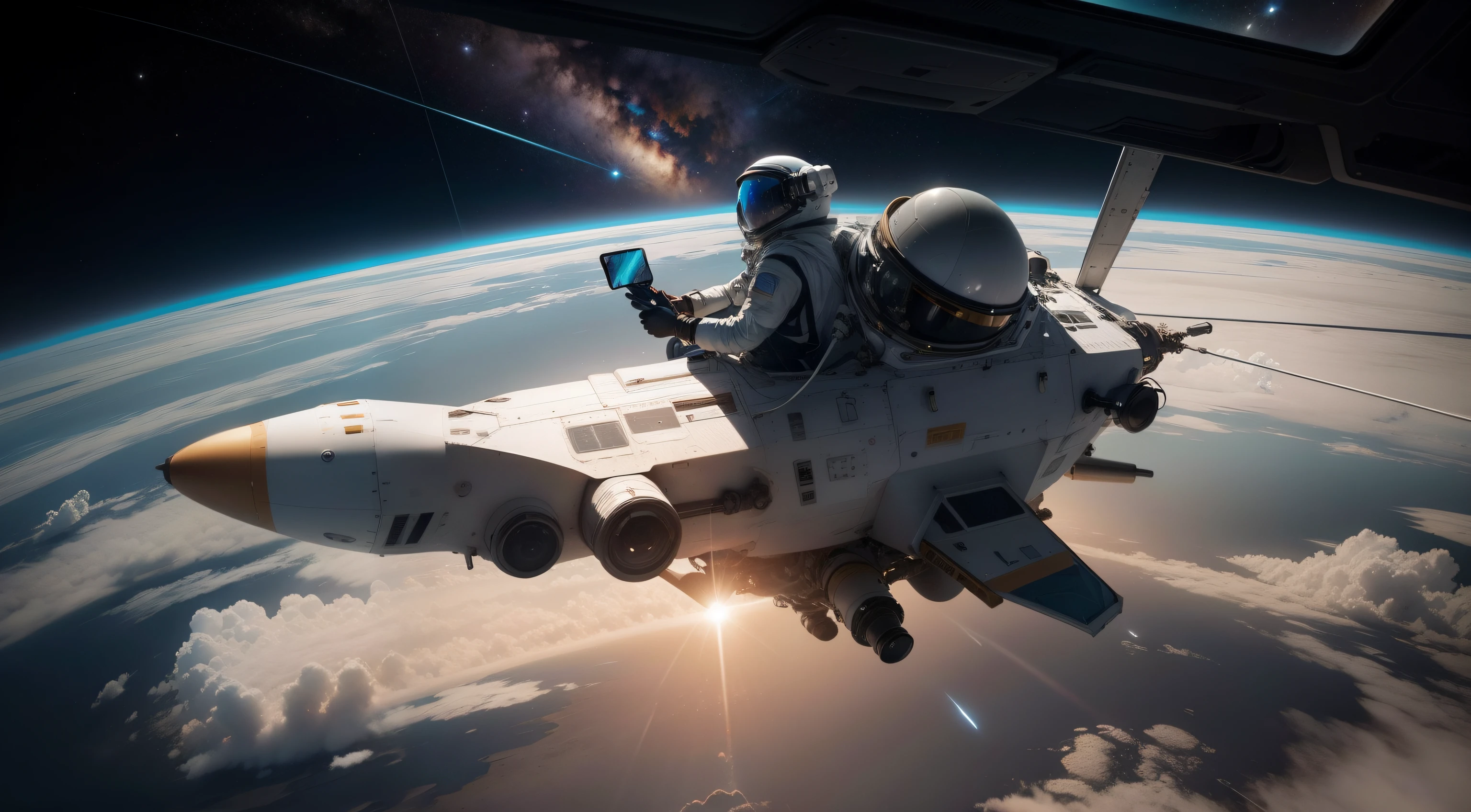 astronaut on top of a space turtle with panoramic view of Earth, sol no horizonte, tartaruga do tamanho de uma nave espacial, Ultra realista, Ultra Definition, high definition planet Earth, tartaruga realista, ficheiro enorme, astronauta a tirar uma selfie, smartphone, pau de selfie comprido, selfie stick voltado no sentido contrario ao planeta, mostra uma estrela cadente ao longe