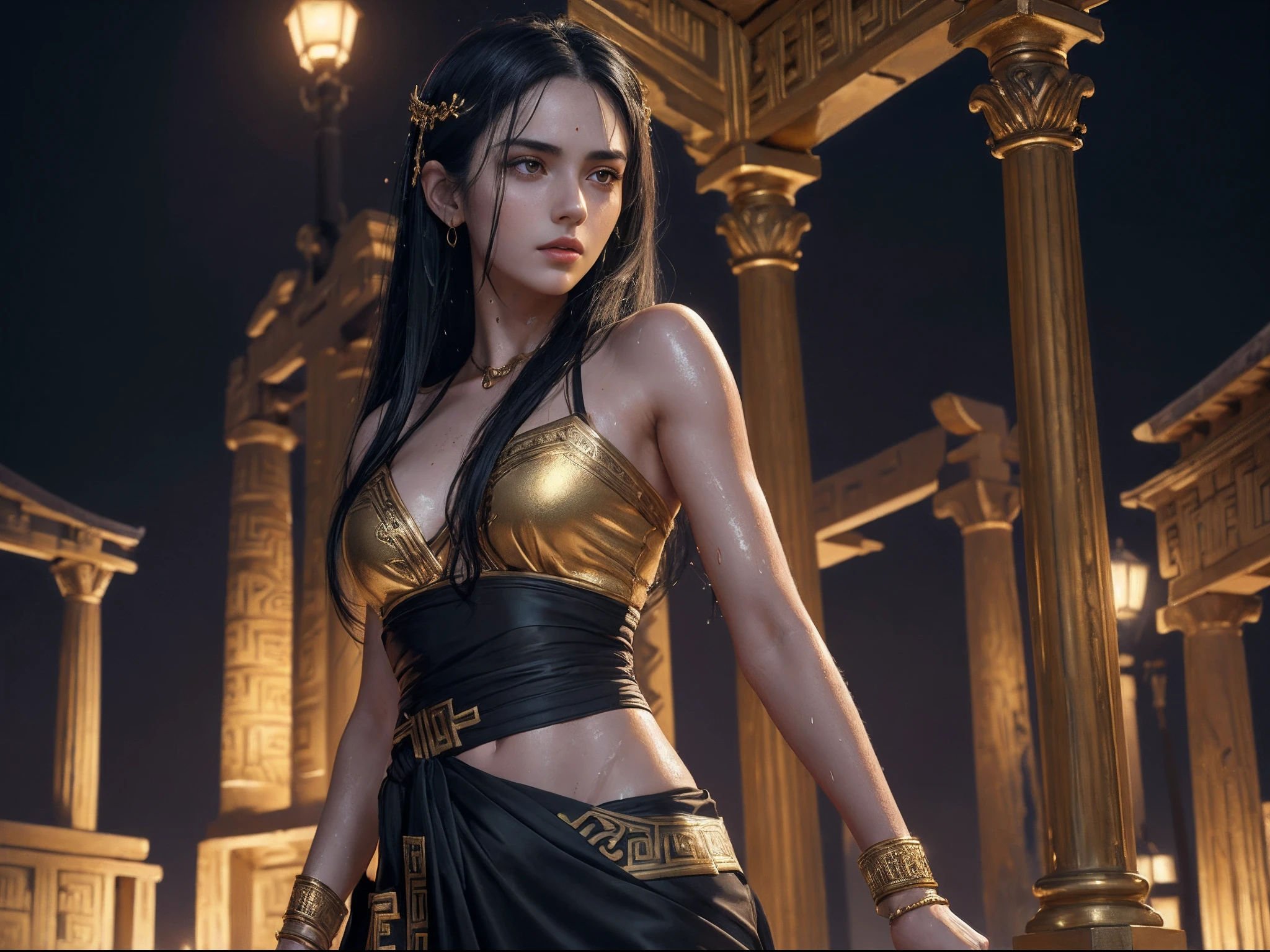 (A beautiful 25 years old female Greek maiden:1.2), (wet long black hair:0.9), (pale skin), (detailed oily and sweaty skin:1.2), (serious face), (wearing black colored revealing Greek maiden outfit with golden ornate), (waist up shot:1.2), (temple at night background:1.1), (waist-up shot:0.8), view from front, (dynamic pose:0.8), (chiaroscuro lighting:0.8), photo realism, intricate face detail, intricate hand details, highly detailed, vibrant colors, cinematic, 8k, trending on Artstation--style raw