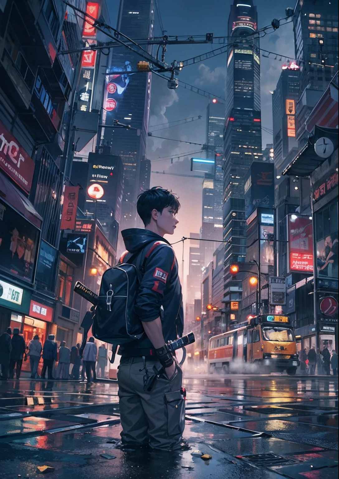 1boy,a 13 yo boy、Cyberpunk Boy、katana,FULL BODYSHOT、The beginning of the adventure、Very dark sky、Lots of clouds,heavy fog、starrysky、moon,Chaotic city of the future、dystopian、A group of very tall skyscrapers stands in the center、Very complex cityscape,Crowded Chinese skyscrapers、street signs、streetlights、taxis、buses、Train、Pretty dim movie lighting、Dark road、puddles、Chaotic、Beautiful and fantastic scenery、Cinematic scenery、hightquality、masutepiece,in 8K、hight resolution、