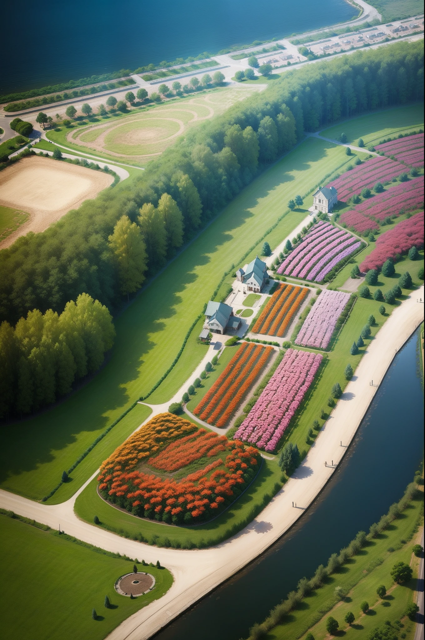 Aerial photo of town greening flower beds arcs Top view Flowers Rich in color