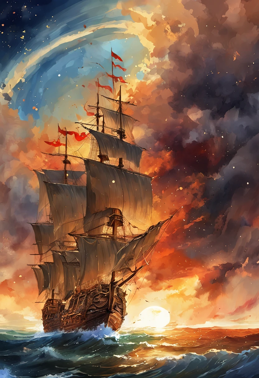 extremely detailed 8k wallpaper,(highly detailed:1.1), ((masterpiece:1.1)),[anime:Impasto:0.5], intricate , fantasy,(1ship),(ocean:1.2),[golden boat:golden boat with (green fire:1.2):0.1], clear sky ,wind ,beautiful sky,(nightsky),(galaxy), (huge blood moon in the background:1.05)