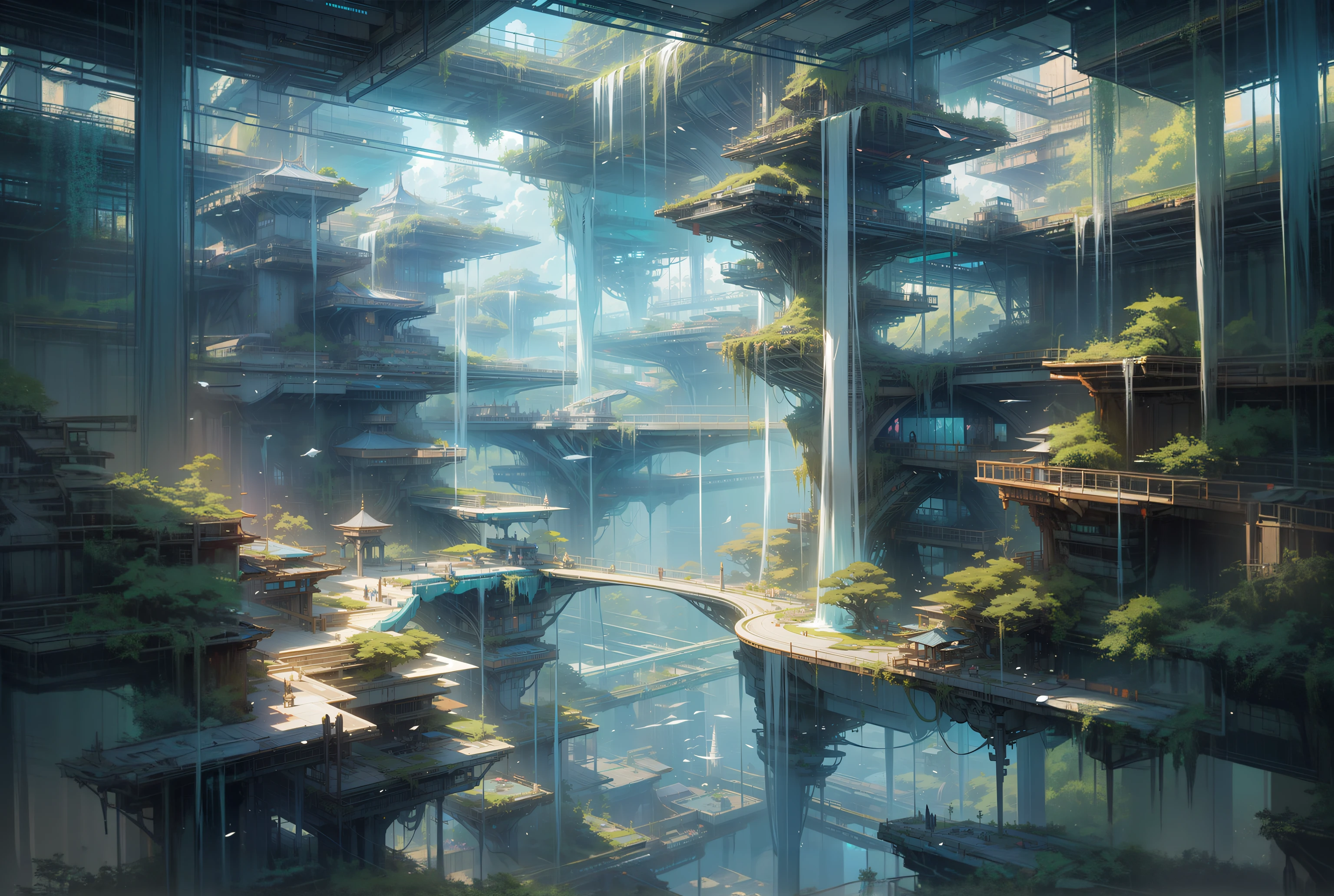 futuristic city with a waterfall and a waterfall in the middle, huge futuristic temple city, andreas rocha style, in fantasy sci - fi city, ancient sci - fi city, futuristic landscape, bastien grivet, futuristic valley, concept art wallpaper 4k, futuristic concept art, mystical sci-fi concept art, high quality digital concept art, sci-fi fantasy wallpaper