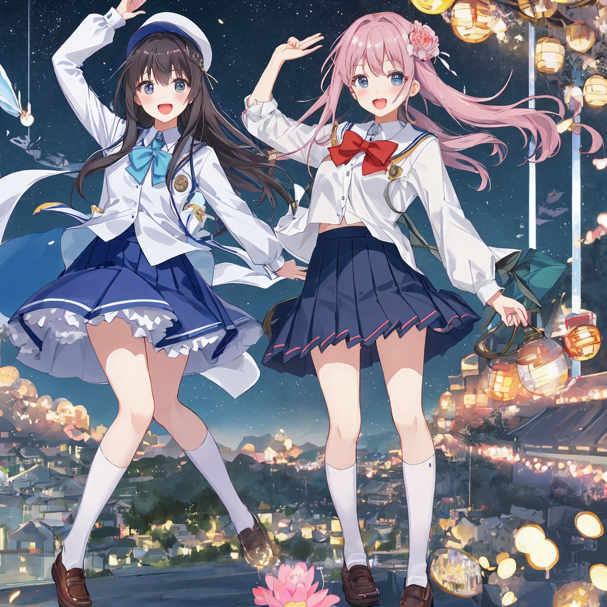 2 girl , squatting in front of castle ,peace sign, character focus, close to viewer, (from below:0.8),school uniform, animal hair band,( ( panty shot)),smile , background Theme park ,high resolution,(incredibly absurdres), (hires.fix:1.3),anime visual,extremely detailed CG unity 8k wallpaper, ((masterpiece)), ((top-quality)), (beautiful illustration,background Tento), ((an extremely delicate and beautiful))