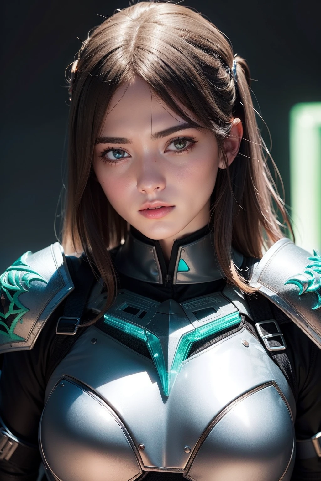 Woman in realistic battle armor in neon-lit, Beauty realistic & intricate face