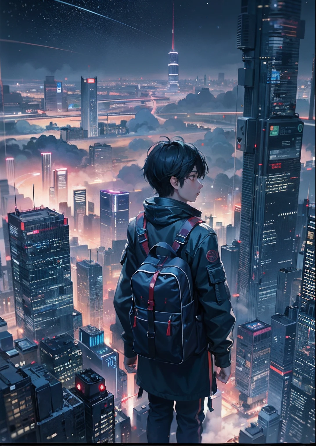 1boy,a 13 yo boy、Cyberpunk Boy、katana,FULL BODYSHOT、The beginning of the adventure、Very dark sky、Lots of clouds,heavy fog、starrysky、moon,Chaotic city of the future、dystopian、A group of very tall skyscrapers stands in the center、Very complex cityscape,Crowded Chinese skyscrapers、street signs、streetlights、taxis、buses、Train、Pretty dim movie lighting、Dark road、puddles、Chaotic、Beautiful and fantastic scenery、Cinematic scenery、hightquality、masutepiece,in 8K、hight resolution、