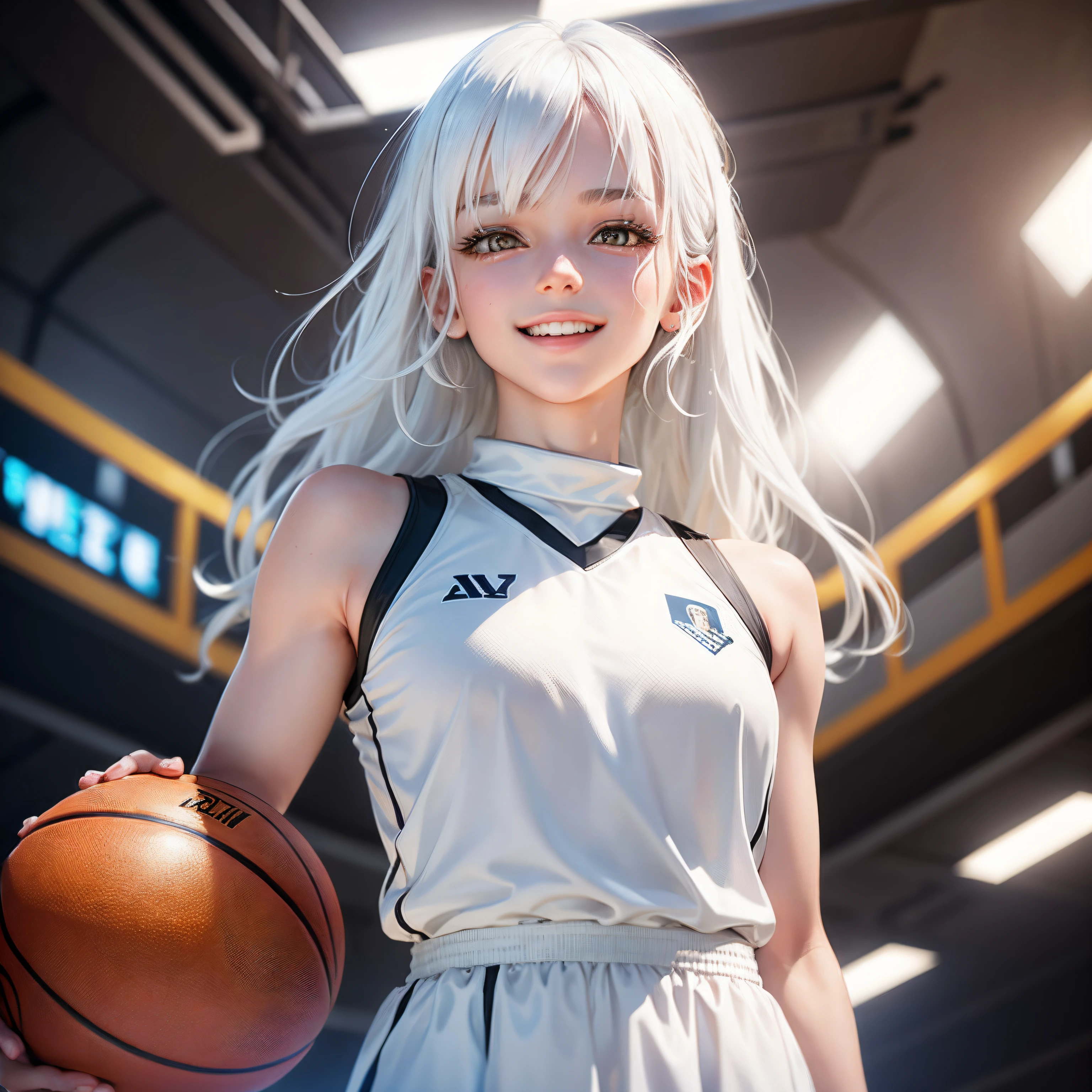 best quality, white hair, gold eyes, white clothes, looking up, upper body, hair strand, Fair skin, smiling basketball