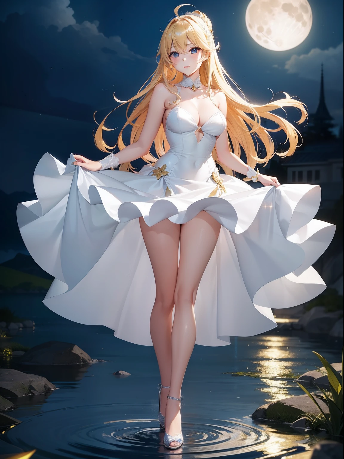 a blond、Ahoge、Simple cocktail dress、Beautuful Women、smil、high-heels、二重まぶた、Well-proportioned body、Body Fit Costumes、fullmoon、Lake at night、Glowing ether、Reflective water surface