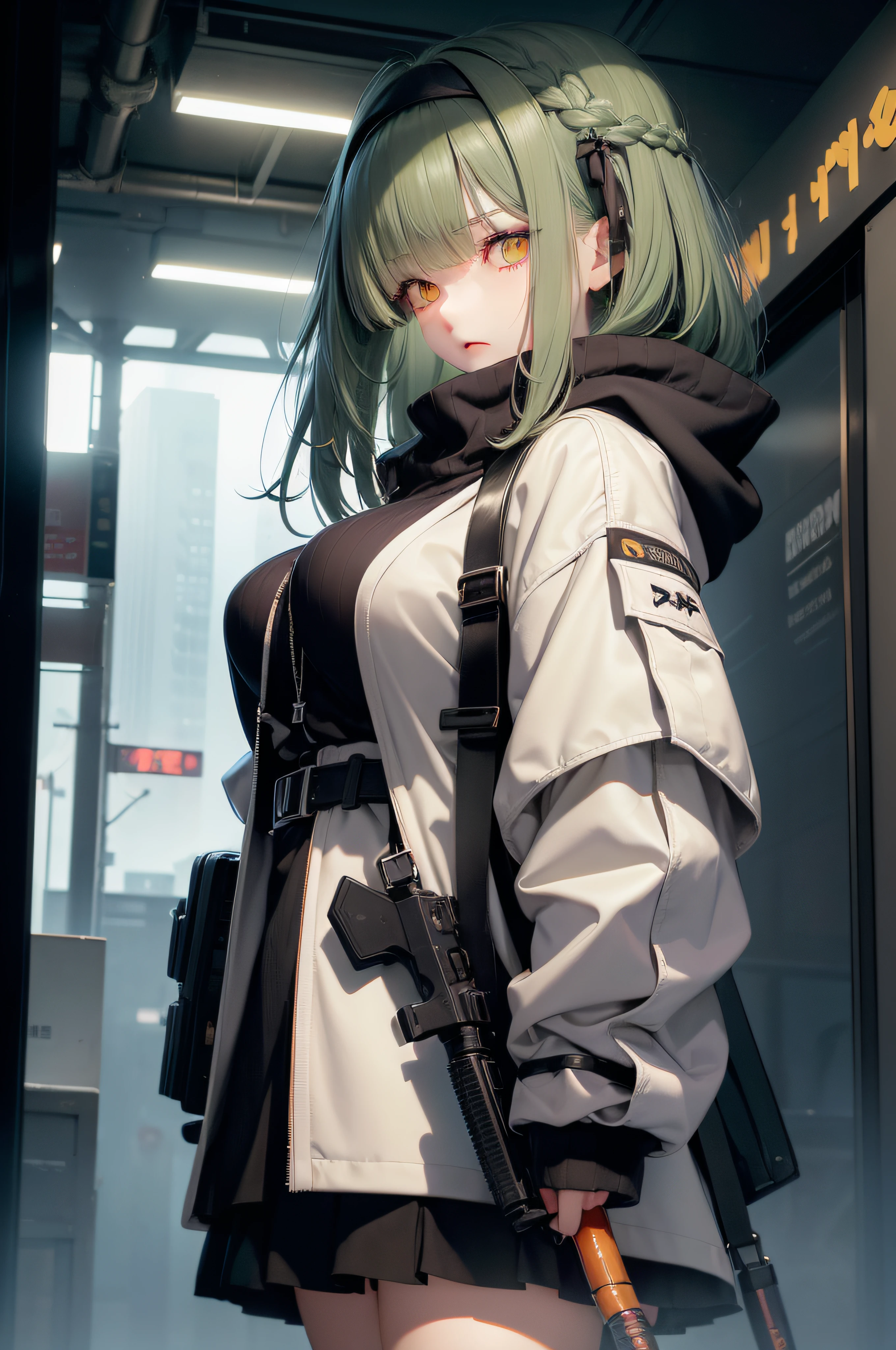 Dark green hair, ((Amber eyes:1.2)), Jitome, deadpan, scowl, sulking, Blunt bangs, Bangs, Side braid、Stop bangs with a headband、Hanging、wearing oversized_Jacket、((White jacket))、wearing sweater、a short skirt、Colossal tits、Cyberpunk Girl、Young features、submachine gun