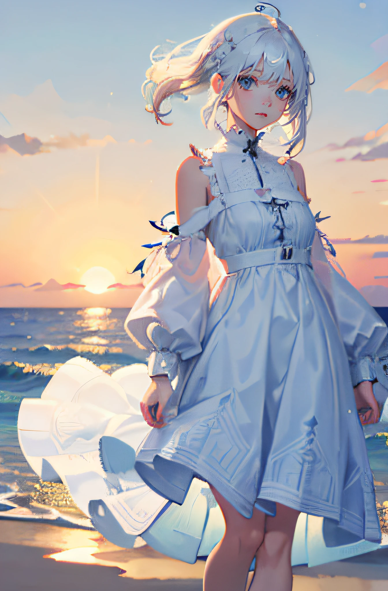 1 girl, white hair, cute, ((white dress, patterned)), standing on beach, disheveled hair, clothes blown by the wind, high definition, 8k