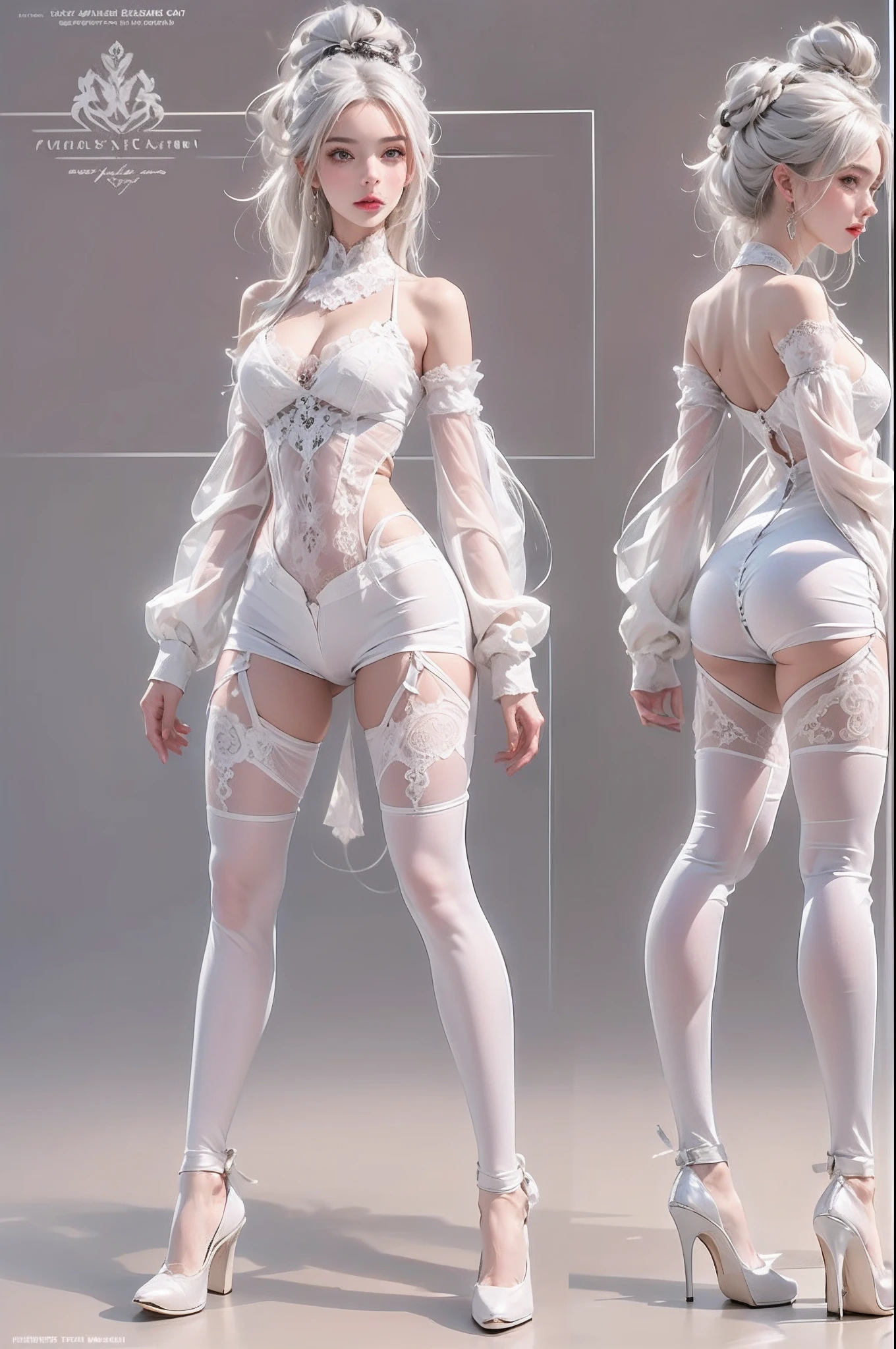 ((Masterpiece, Highest quality)), Detailed face, CharacterDesignSheet,full bodyesbian, Full of details, Multiple poses and expressions, Highly detailed, Depth, Many parts,beuaty girl,cinmatic lighting,with light glowing,white colors,light yarn,Lace,lacepantyhose,high-heels