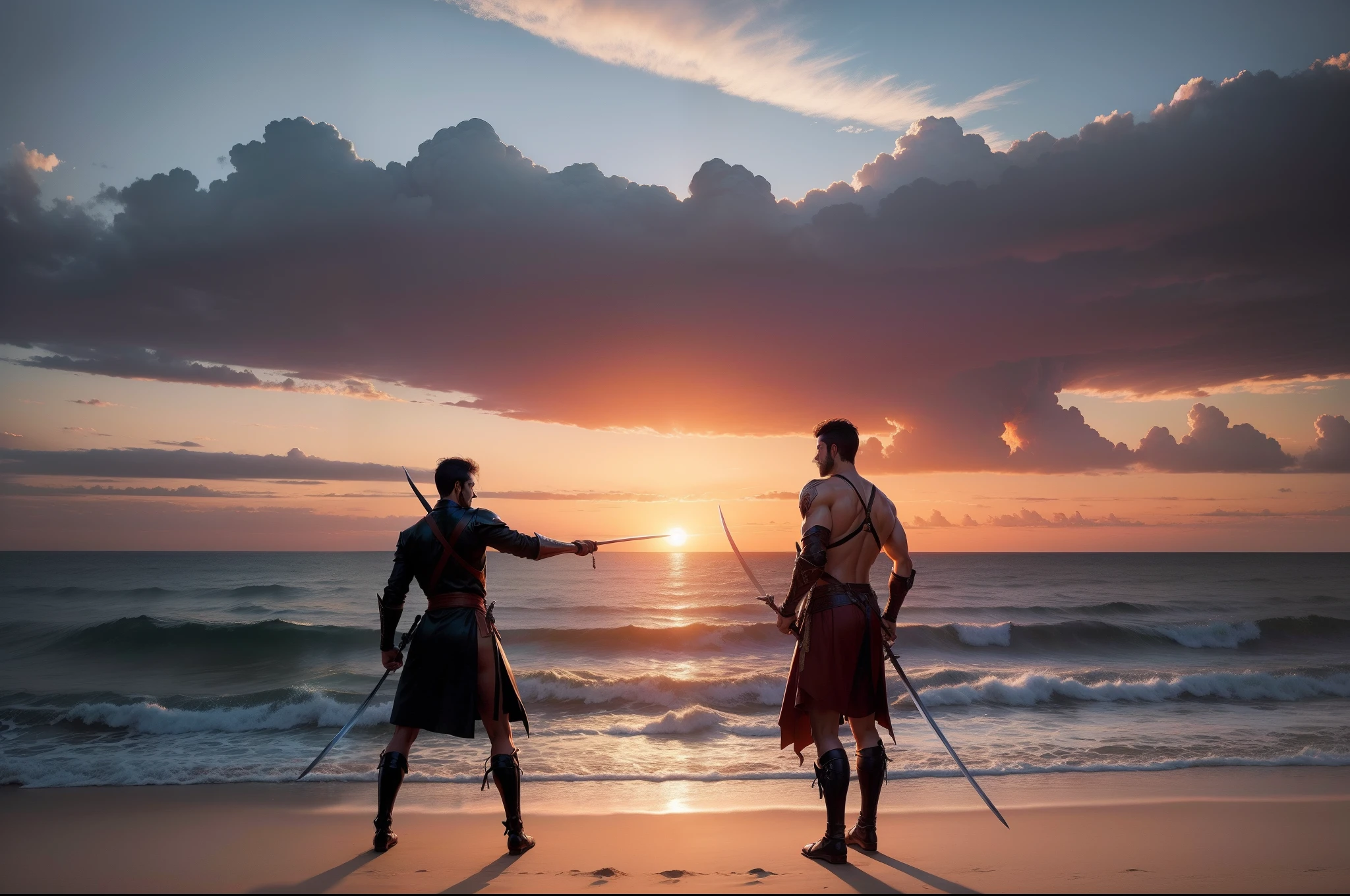 (masterpiece, best quality), best resolution, silhouettes of two men fighting with swords, beach at sunset