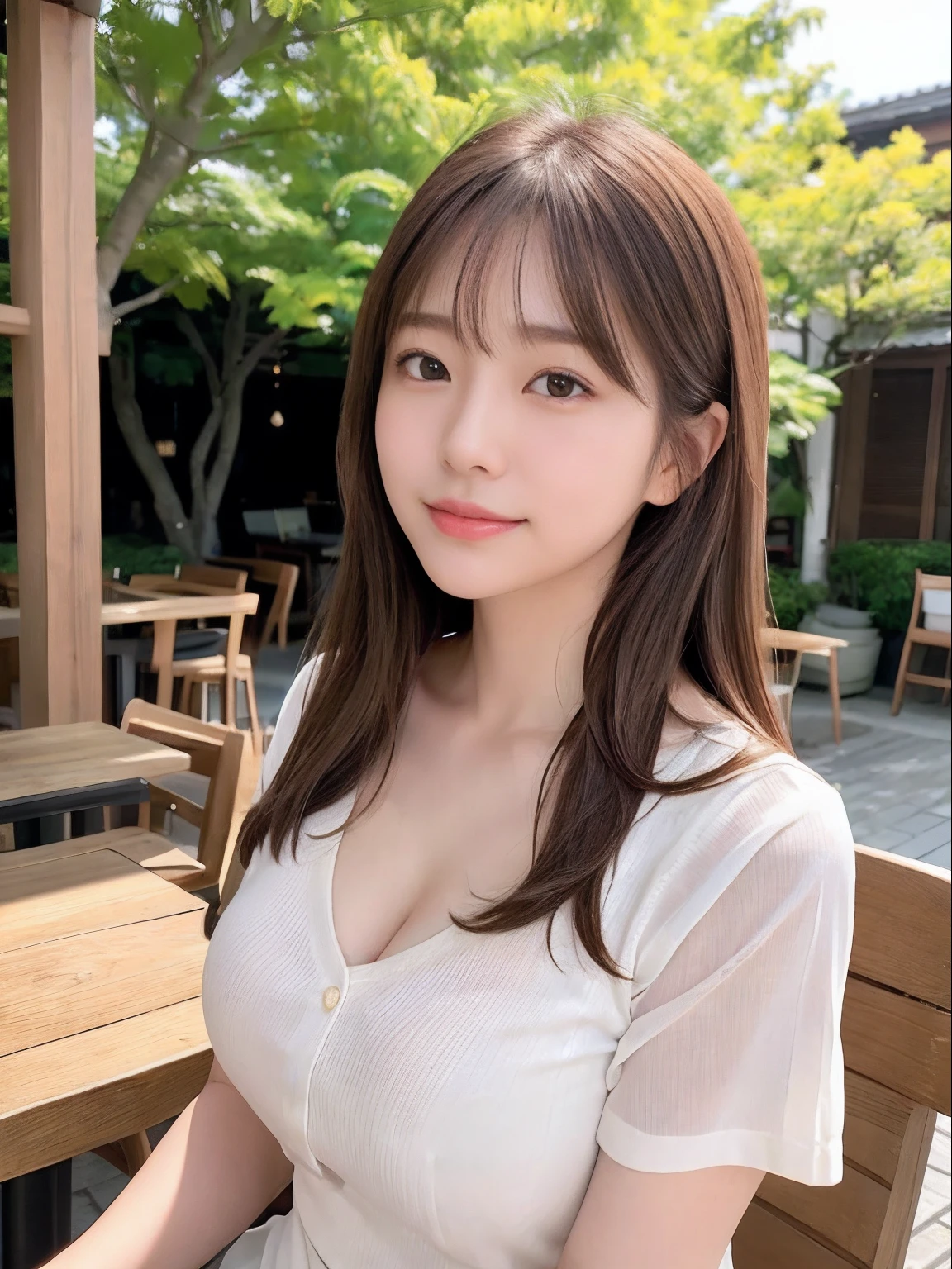 masutepiece、Supreme Beauty、Beautifully shaped breasts、masterpiece, 1 rapariga, 独奏、Thin white shirt、detail, depth of fields, 135 mm, Textured skin, Super Detail, High quality, awardwinning, Best Quality, hight resolution, 8K, de pele branca,Koi brown hair、Random hair、cute face、Gentle smile、Adult beauties、25-years old、1 person per Japan、Top image quality、Ultra-high resolution、8K、Bright sunshine、Delicate Photos、Unwind in a café、Realistic background