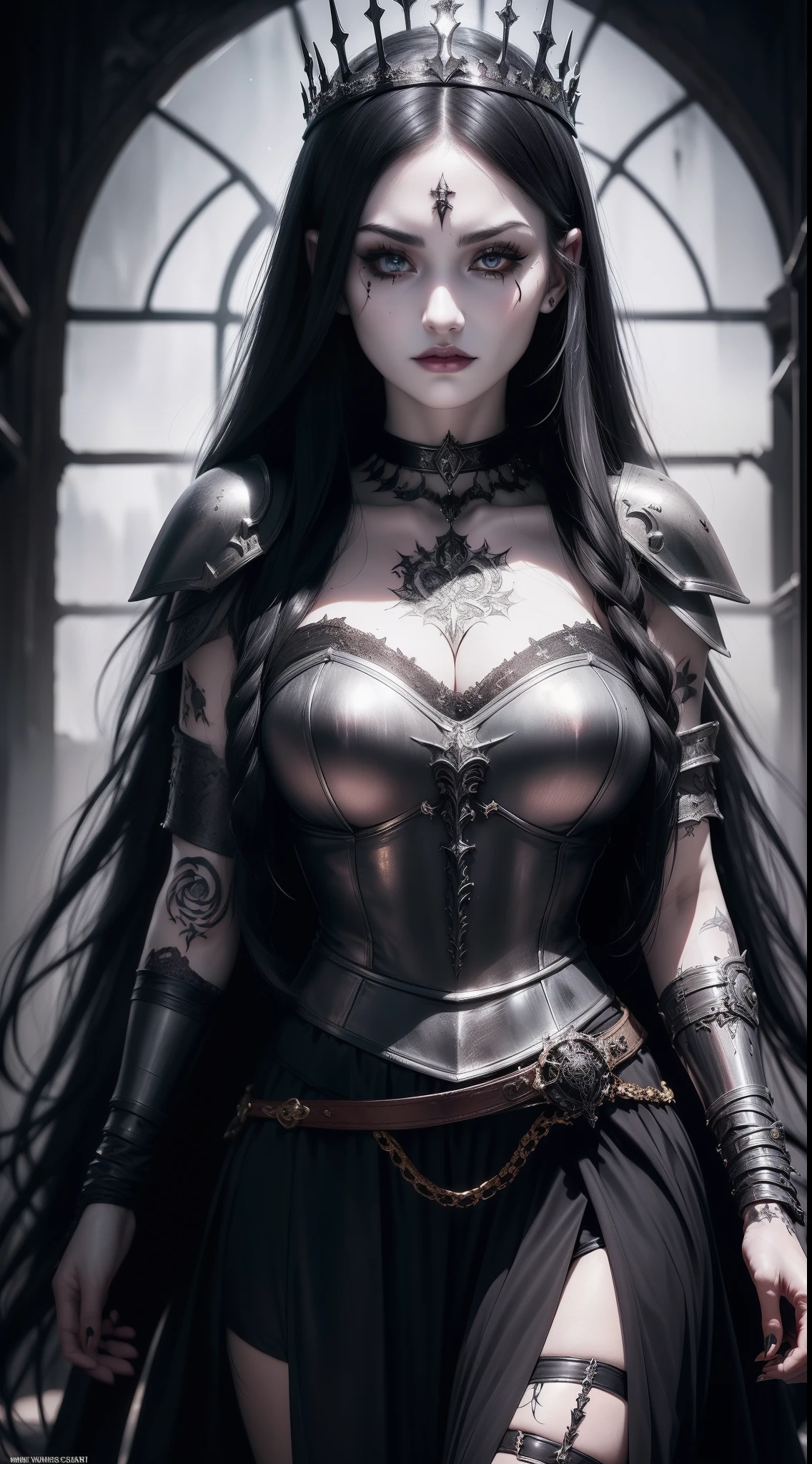 1girl (( (dark tattoos), ( beautiful_detailed_hair, long black hair), , (pale skin) )), horror theme, (slave collar), (foggy, darkness), realistic, (helmet), ((hand with five fingers:0.6)), (heavy armor), (battle, war), (blood and gore), (chess set, queen piece, king piece, knight piece)