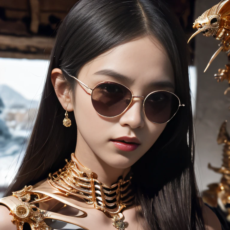 Wear thick gold-framed sunglasses,32K(tmasterpiece,k hd,hyper HD,32K)Burgundy double ponytail,Silver Skull Abandoned Area of the Pond,Indigo Skull King ,Hold the big G steering wheel (The skeleton is realistic:1.4),Skull pattern robe,Silver skull flower ornaments,Petals flutter,Colored ball head,Hold your head high,Be proud,The nostrils look at people, A high resolution, the detail, RAW photogr, Sharp Re, Nikon D850 Film Stock Photo by Jefferies Lee 4 Kodak Portra 400 Camera F1.6 shots, Rich colors, ultra-realistic vivid textures, Dramatic lighting, Unreal Engine Art Station Trend, cinestir 800,Hold your head high,Be proud,The nostrils look at people,Tsundere,Petals flutter,Petals flutter,Sprinkle with gold dust,Fluttering,Impeccable,( reasonable design, Clear lines, High sharpness,Best quality, Very detailed skeleton, The skeleton of a masterpiece, offcial art, movie light effect, 4K skeleton(((Wear thick gold-framed sunglasses)))