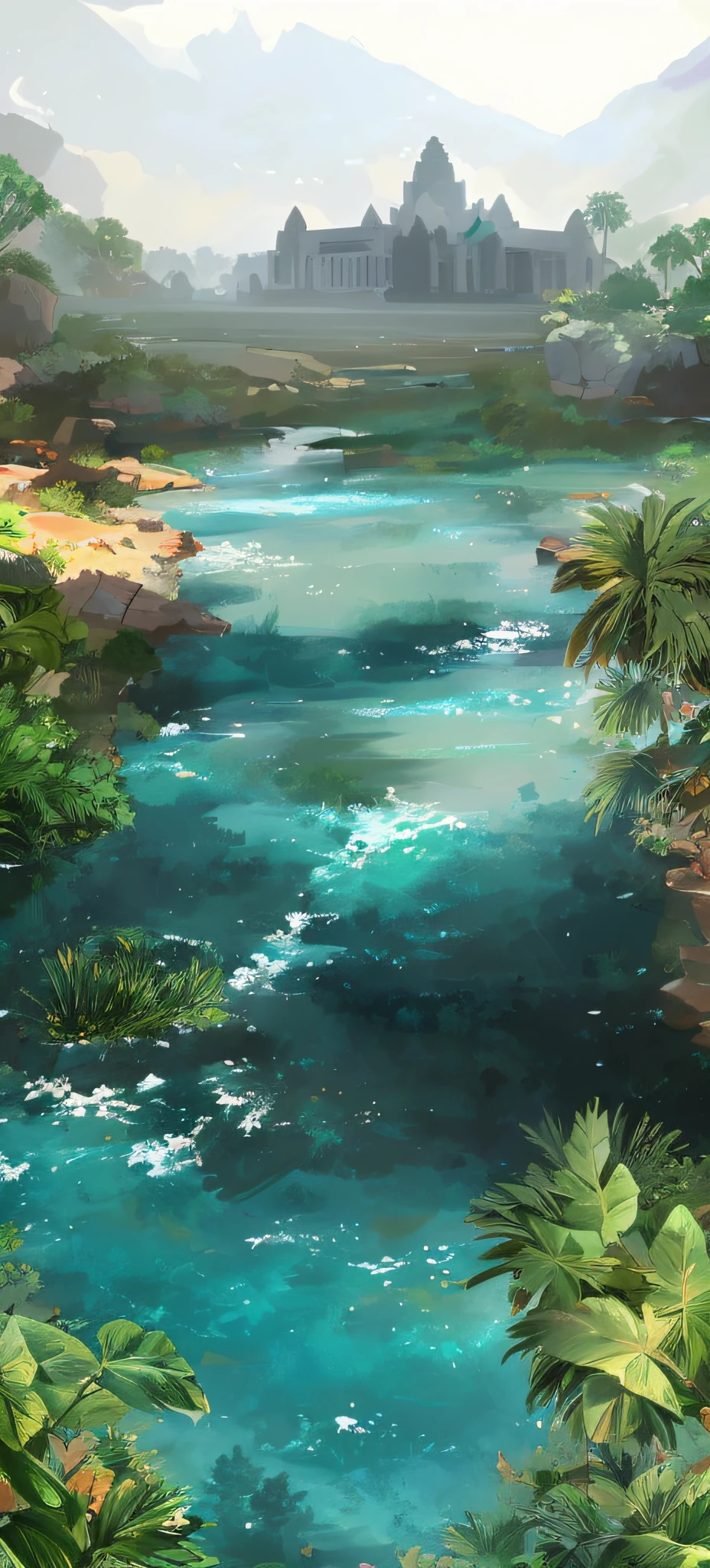 looking from above,River painting of rainforest, . Angkor Wat ruins in the background: jungle river, Anime landscape concept art, environment concept art, Anime background art, ross tran. scenery background, vibrant water river, river with low hanging plants, environment design illustration, Relaxing concept art, Anime Nature, beautiful anime scenery, very detailed digital painting, environment concept art, drawn in anime painter studio