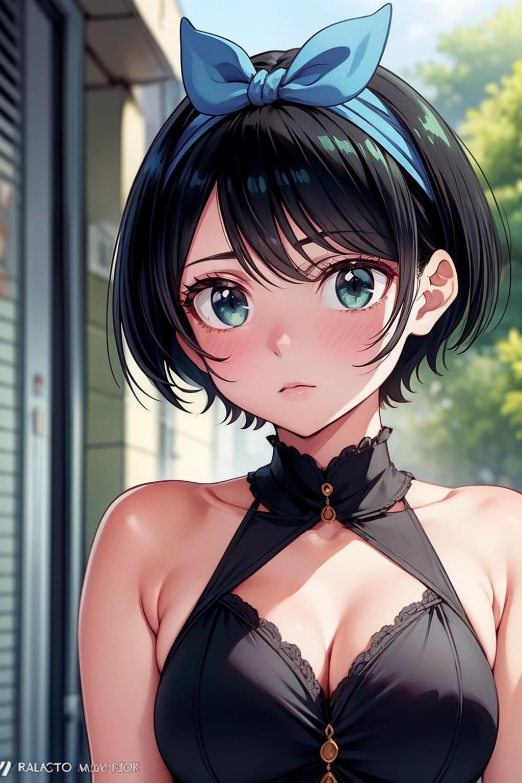 (masterpiece, best quality, ultra-detailed), 1girl, RukaSarashina, black hair, short hair, green eyes, looking at viewer, upper body,portrait shot, (neckline), medium breasts