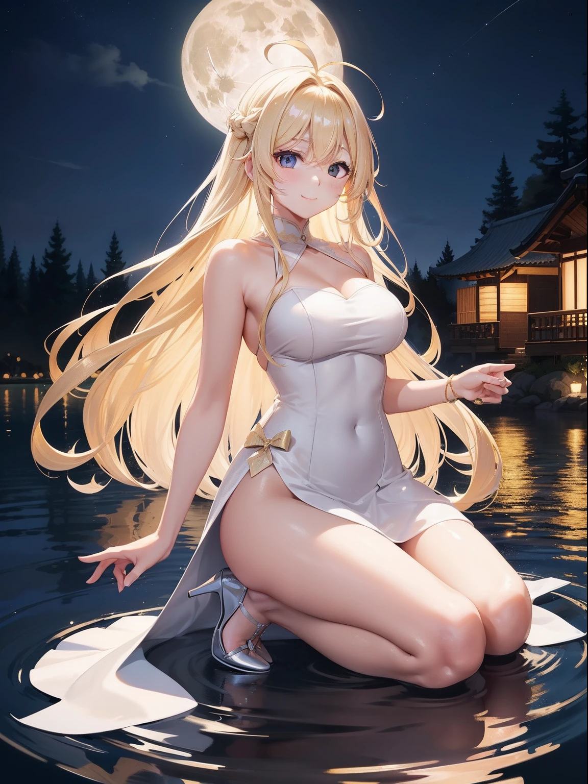 a blond、Ahoge、dress simple、Beautuful Women、smil、high-heels、二重まぶた、Well-proportioned body、Body Fit Costumes、fullmoon、Lake at night、Glowing ether、Beautiful girl reflected on the surface of the water